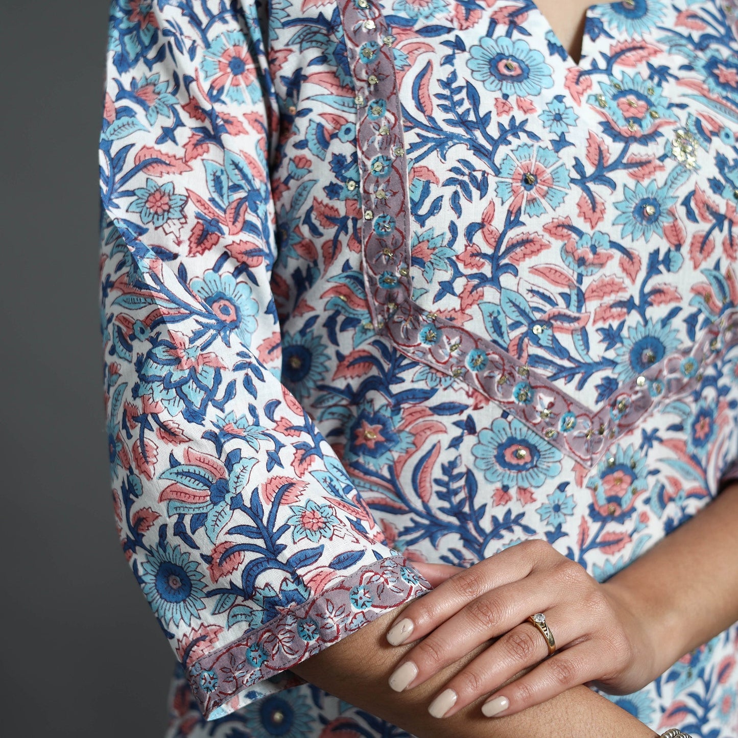 Blue Sequins Work Cotton Straight Sanganeri Print Kurta for Women