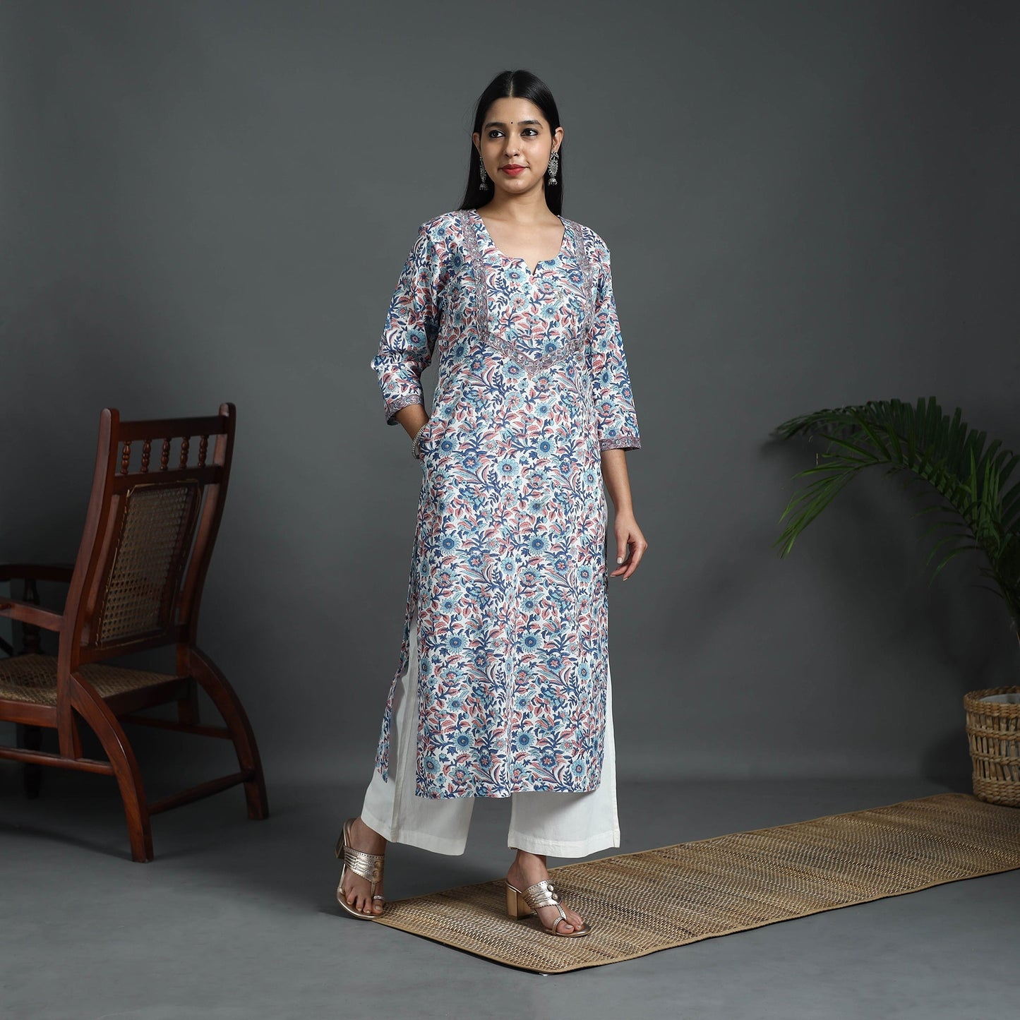 Blue Sequins Work Cotton Straight Sanganeri Print Kurta for Women