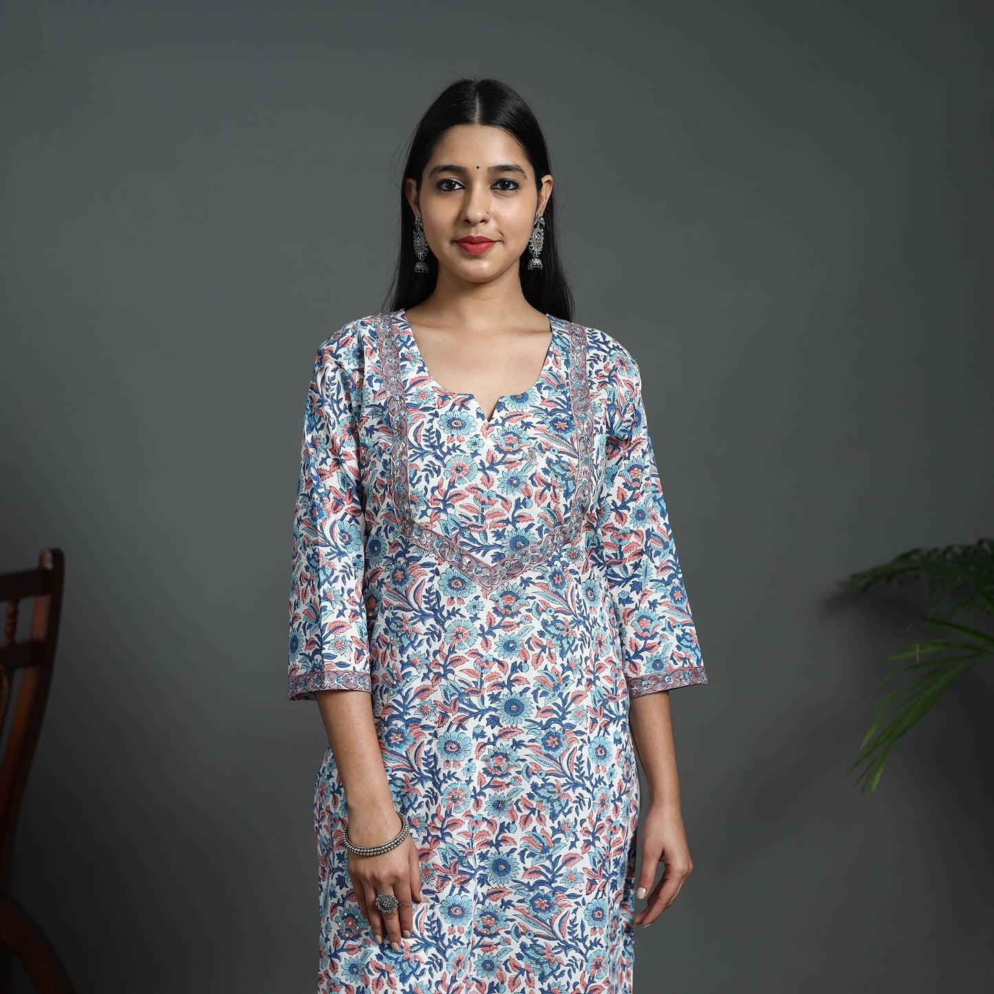 Blue Sequins Work Cotton Straight Sanganeri Print Kurta for Women