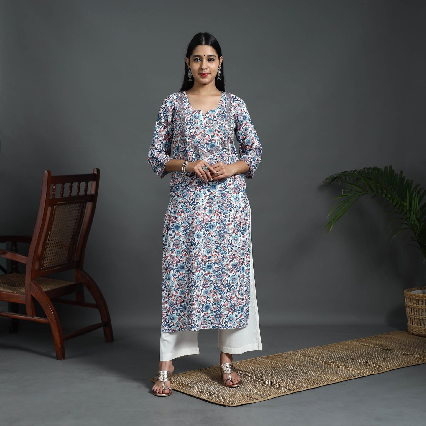 Blue Sequins Work Cotton Straight Sanganeri Print Kurta for Women