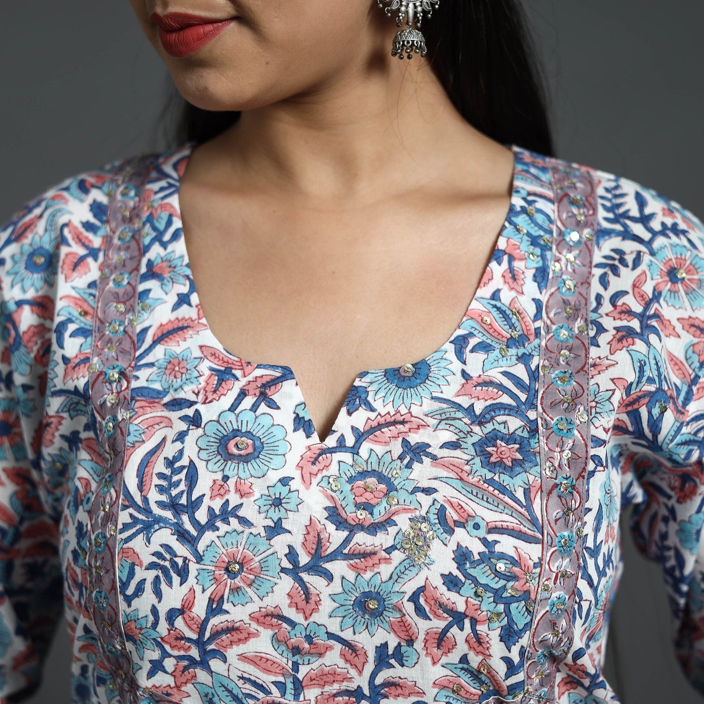 Blue Sequins Work Cotton Straight Sanganeri Print Kurta for Women