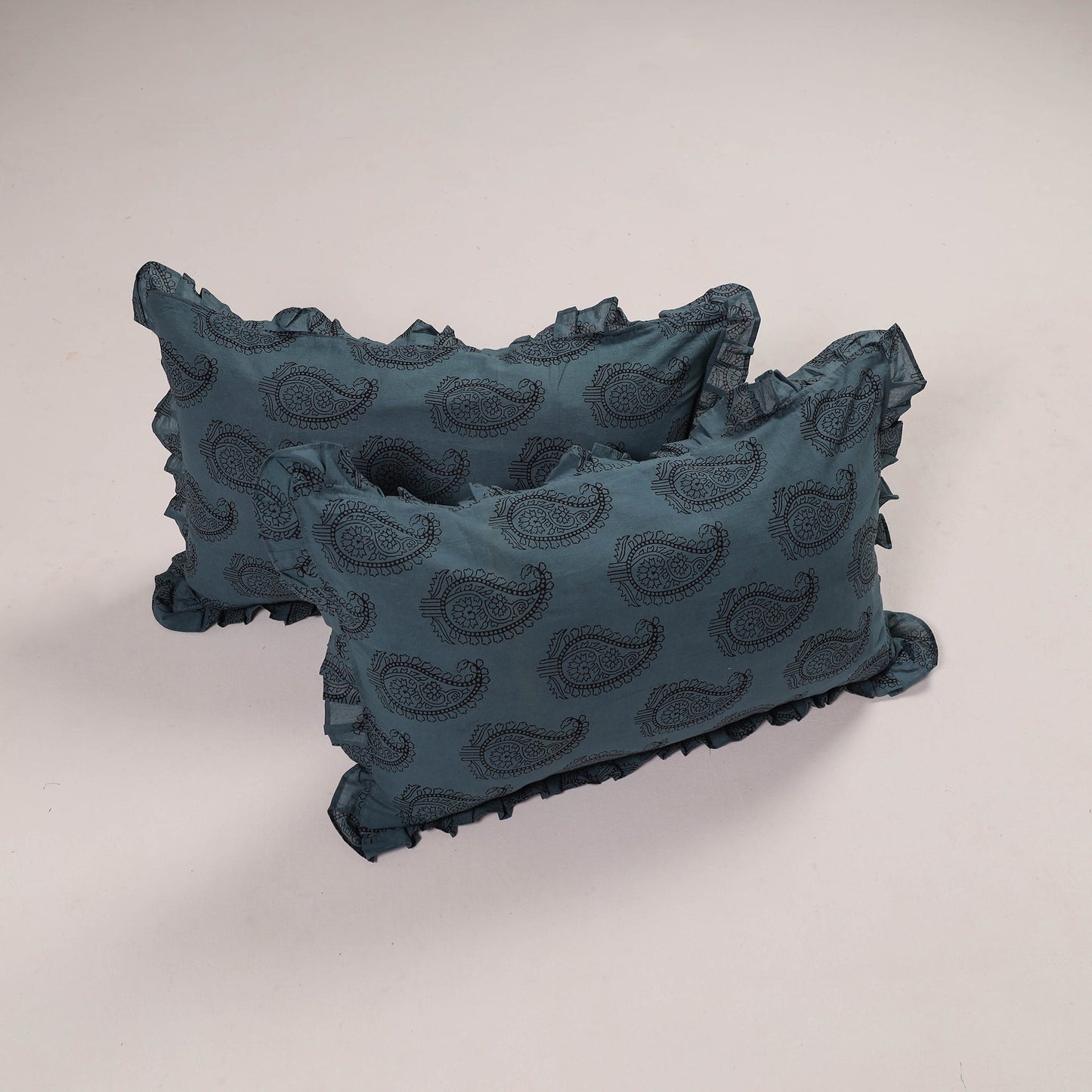 Set of 2 Blue Handcrafted Cotton Frill Pillow Covers