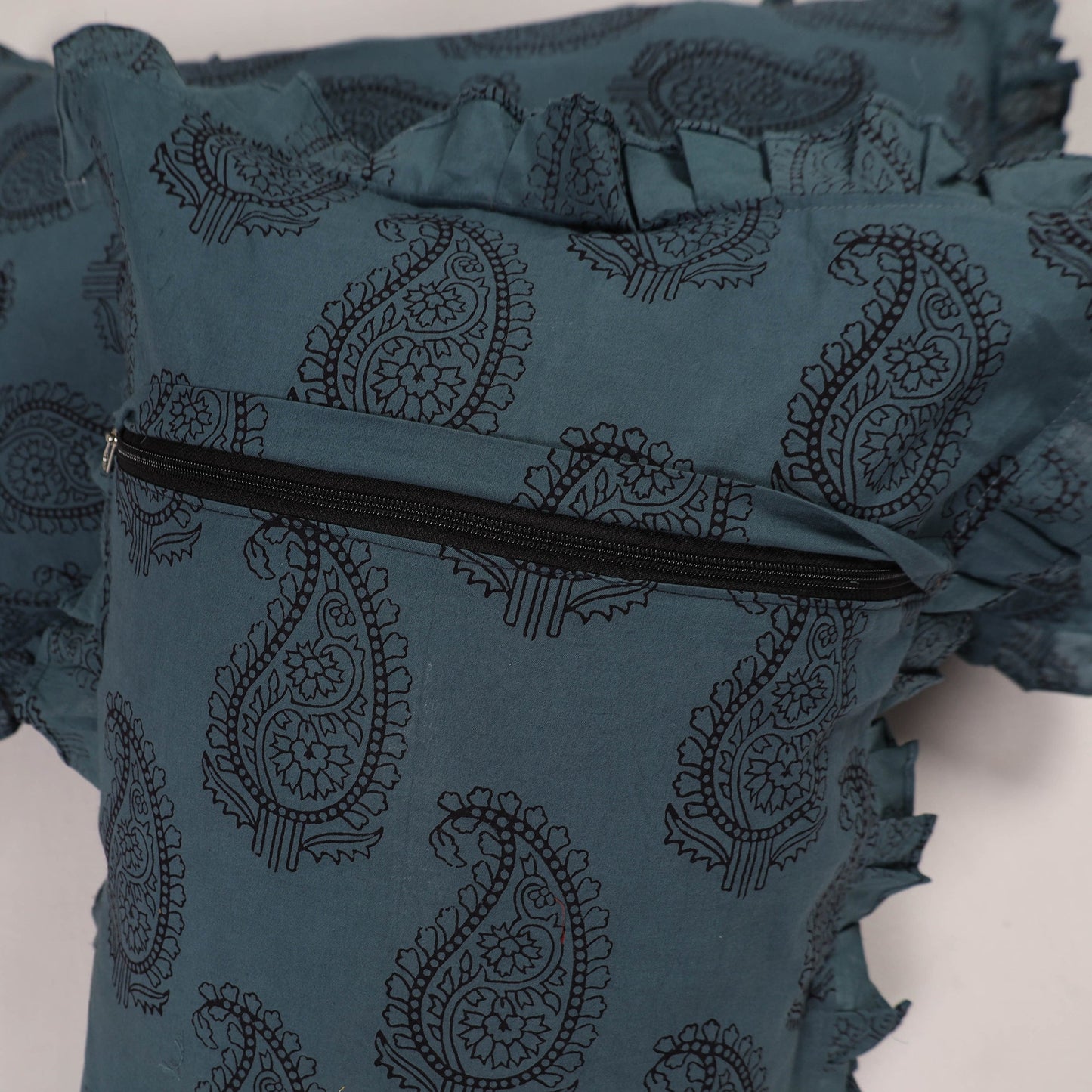 Set of 2 Blue Handcrafted Cotton Frill Pillow Covers