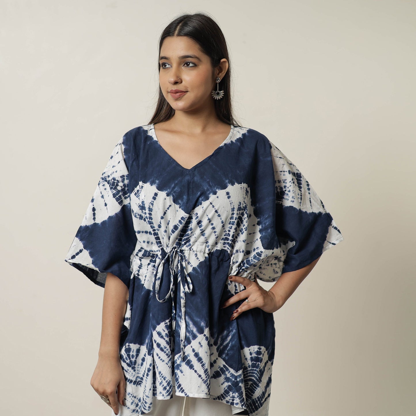 Blue Shibori Tie-Dye Cotton Kaftan & Pyjama Night Suit Set