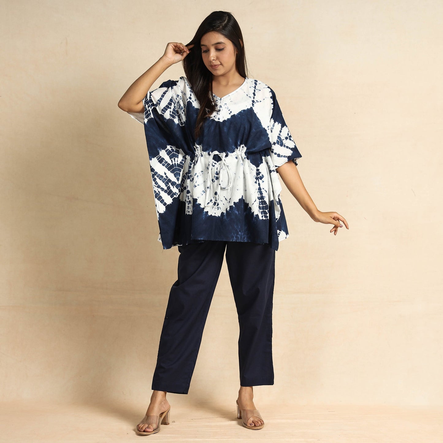 Blue Shibori Tie-Dye Cotton Kaftan & Pyjama Night Suit Set