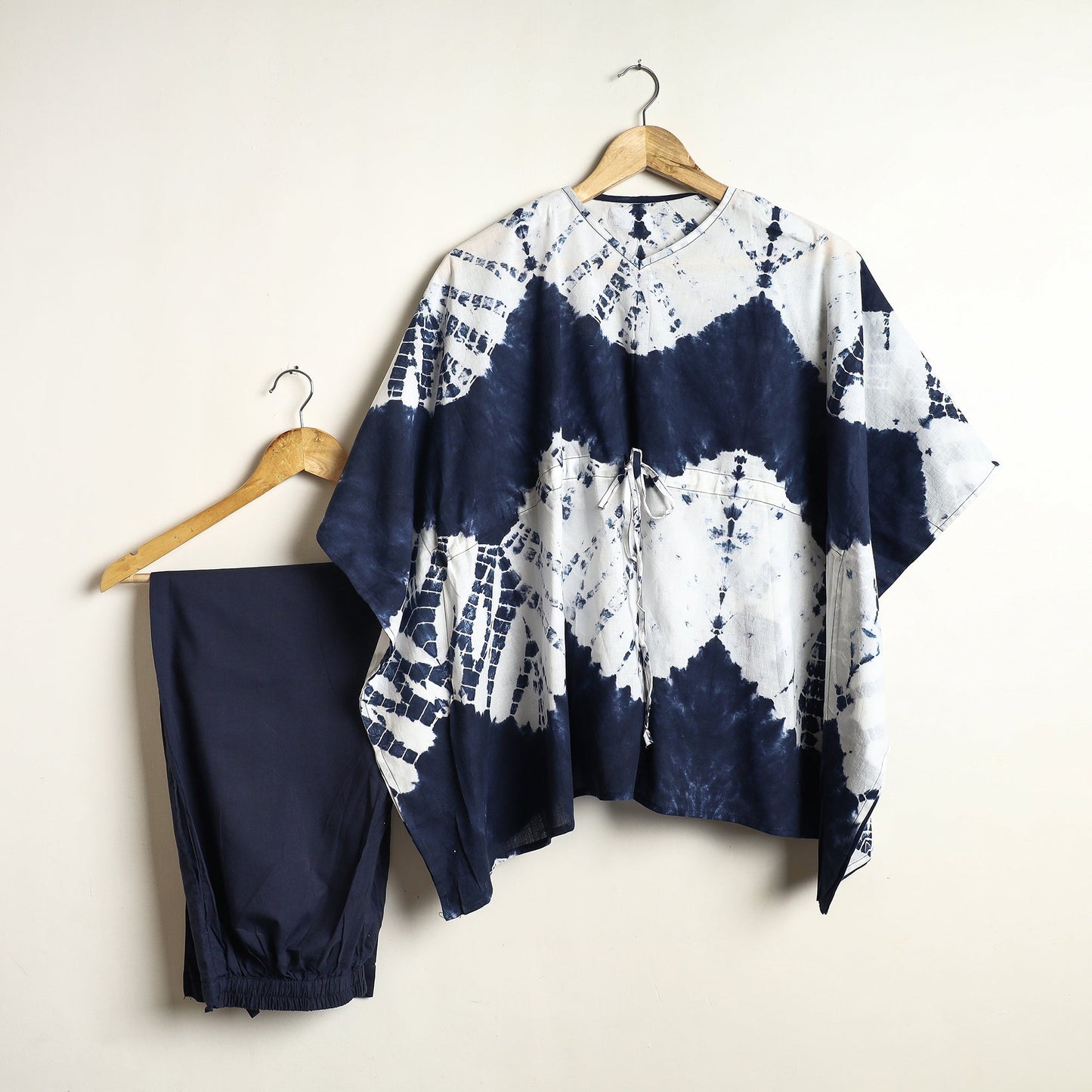 Blue Shibori Tie-Dye Cotton Kaftan & Pyjama Night Suit Set
