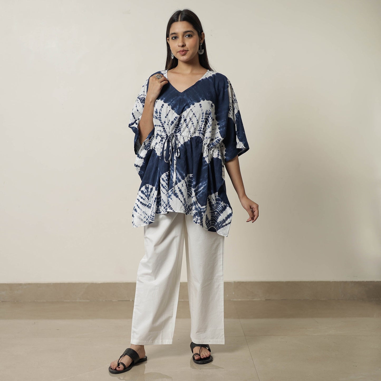 Blue Shibori Tie-Dye Cotton Kaftan & Pyjama Night Suit Set