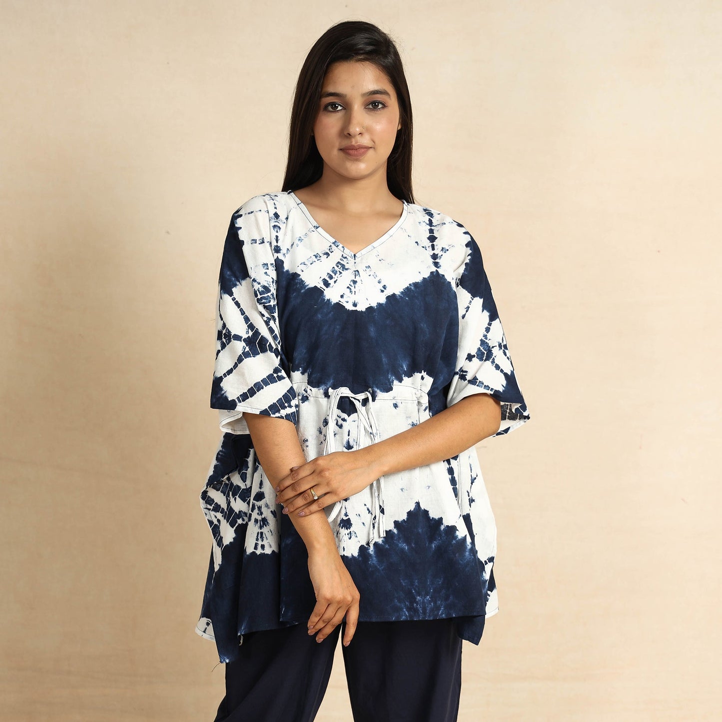 Blue Shibori Tie-Dye Cotton Kaftan & Pyjama Night Suit Set