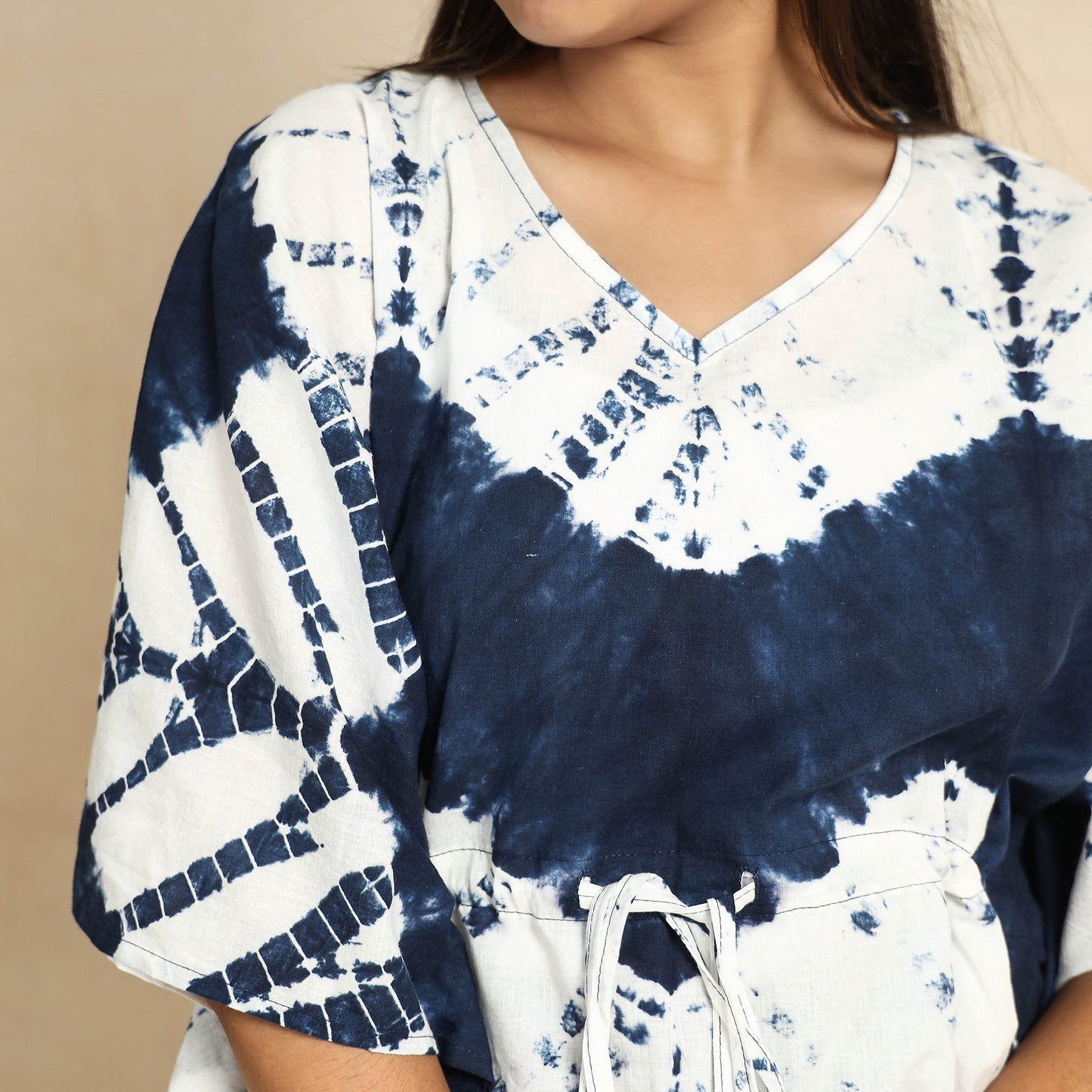 Blue Shibori Tie-Dye Cotton Kaftan & Pyjama Night Suit Set