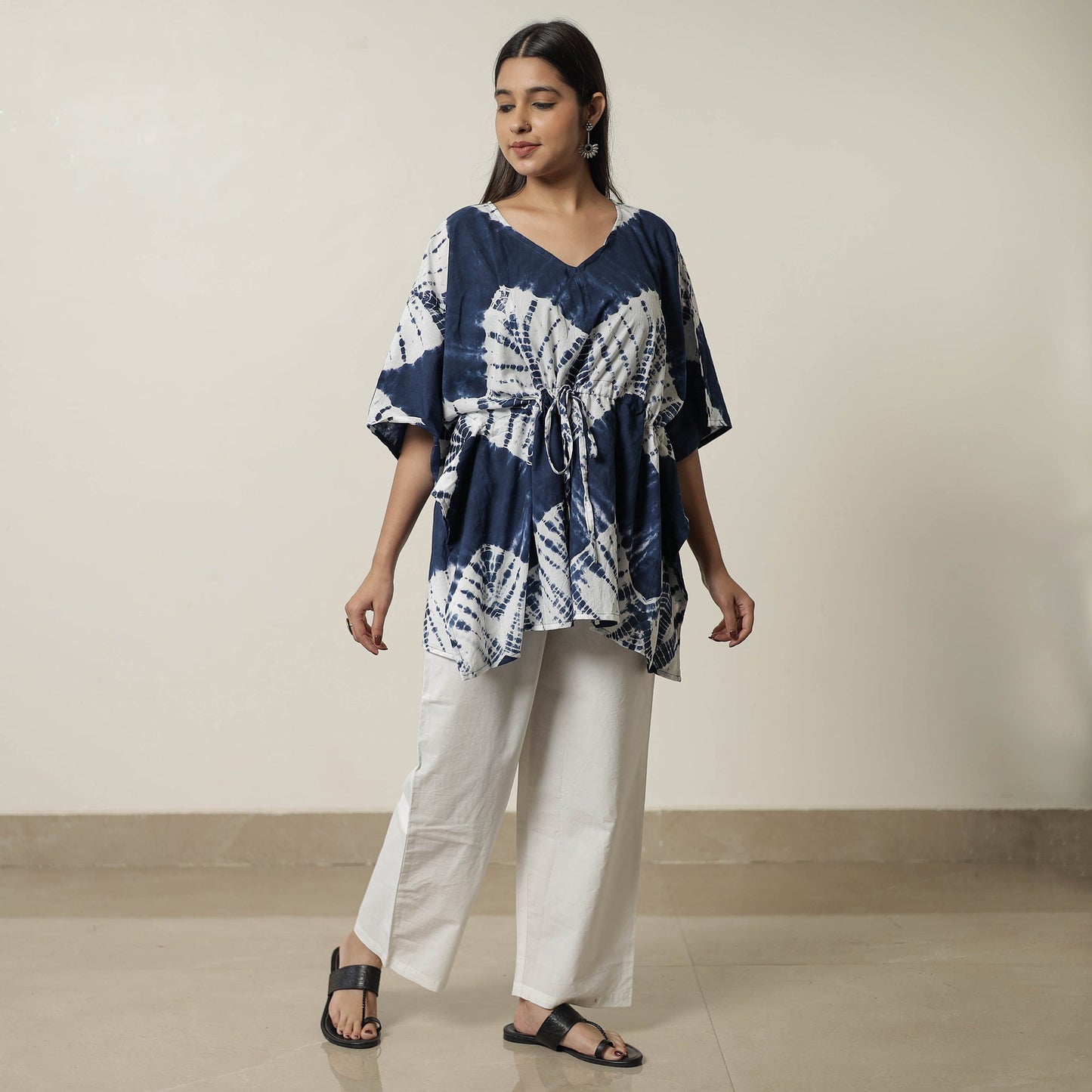 Blue Shibori Tie-Dye Cotton Kaftan & Pyjama Night Suit Set