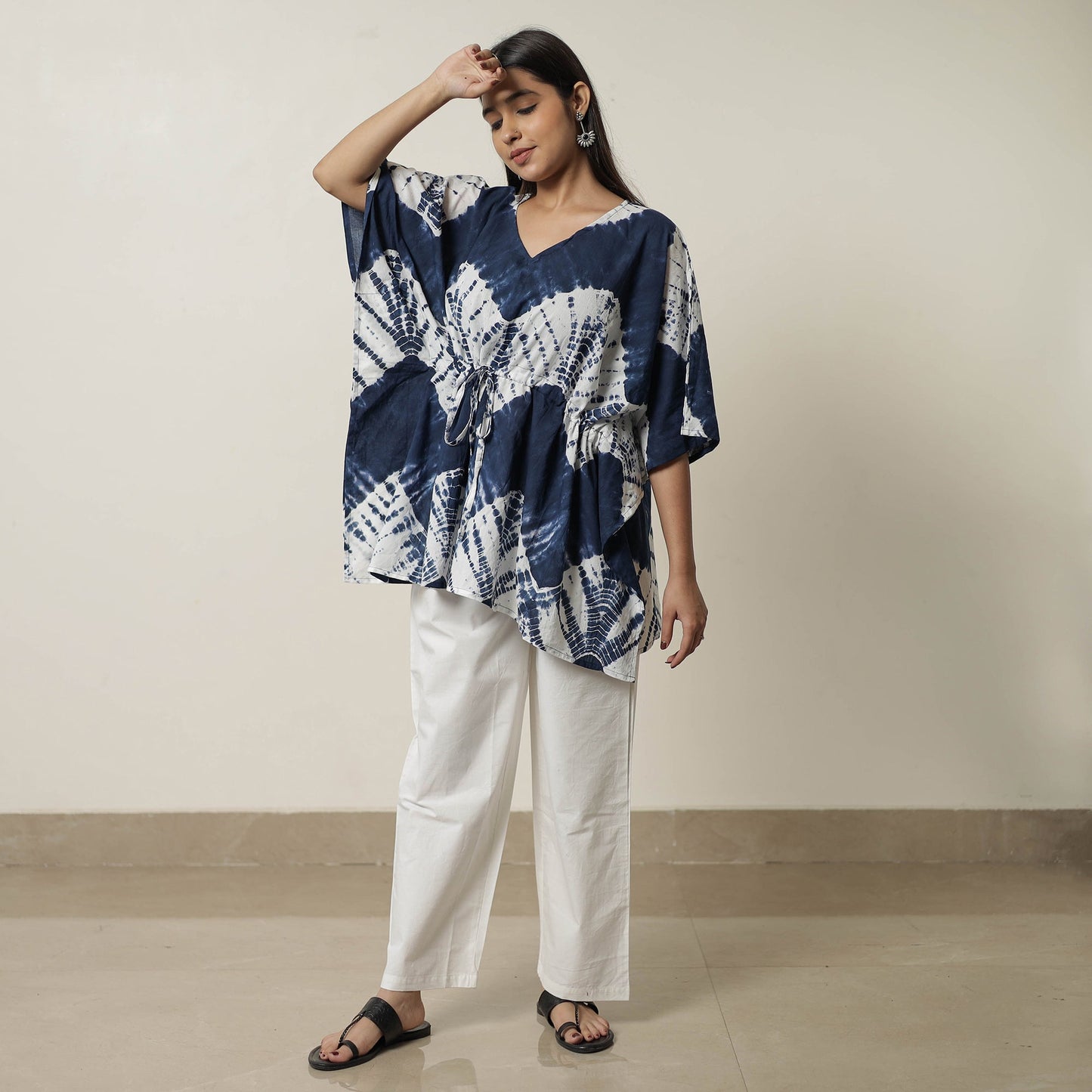 Blue Shibori Tie-Dye Cotton Kaftan & Pyjama Night Suit Set
