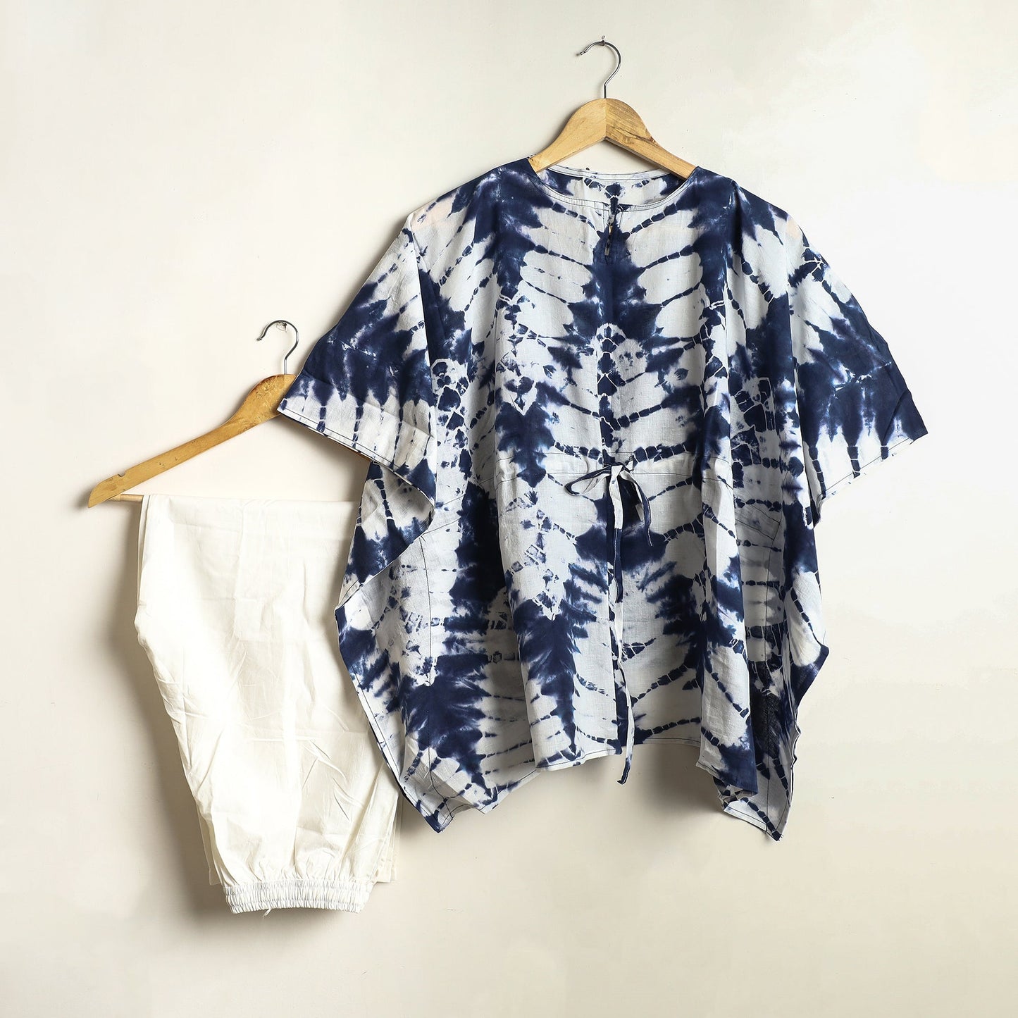 Blue Hand Block Print Kaftan & Pyjama Night Suit Set