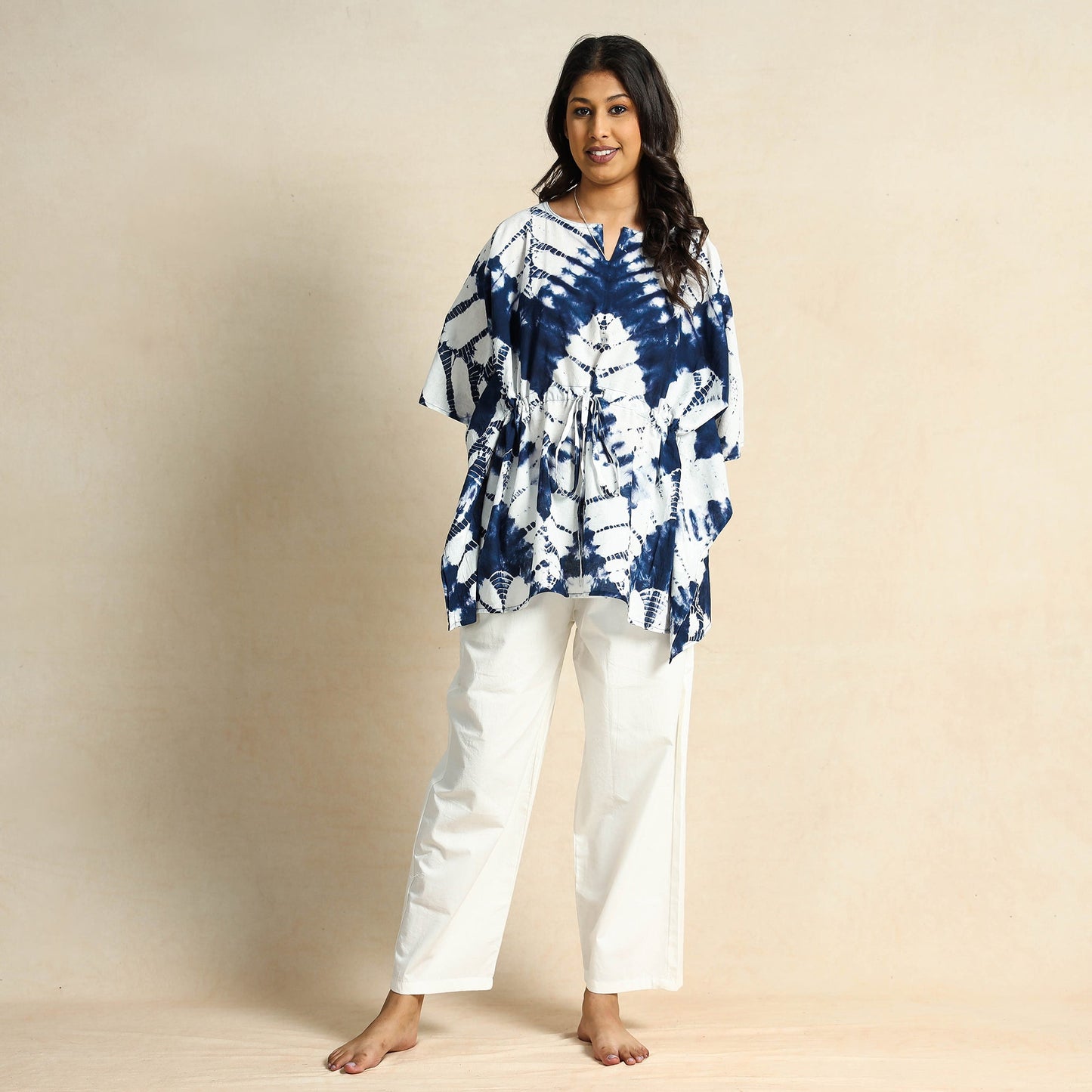 Blue Hand Block Print Kaftan & Pyjama Night Suit Set