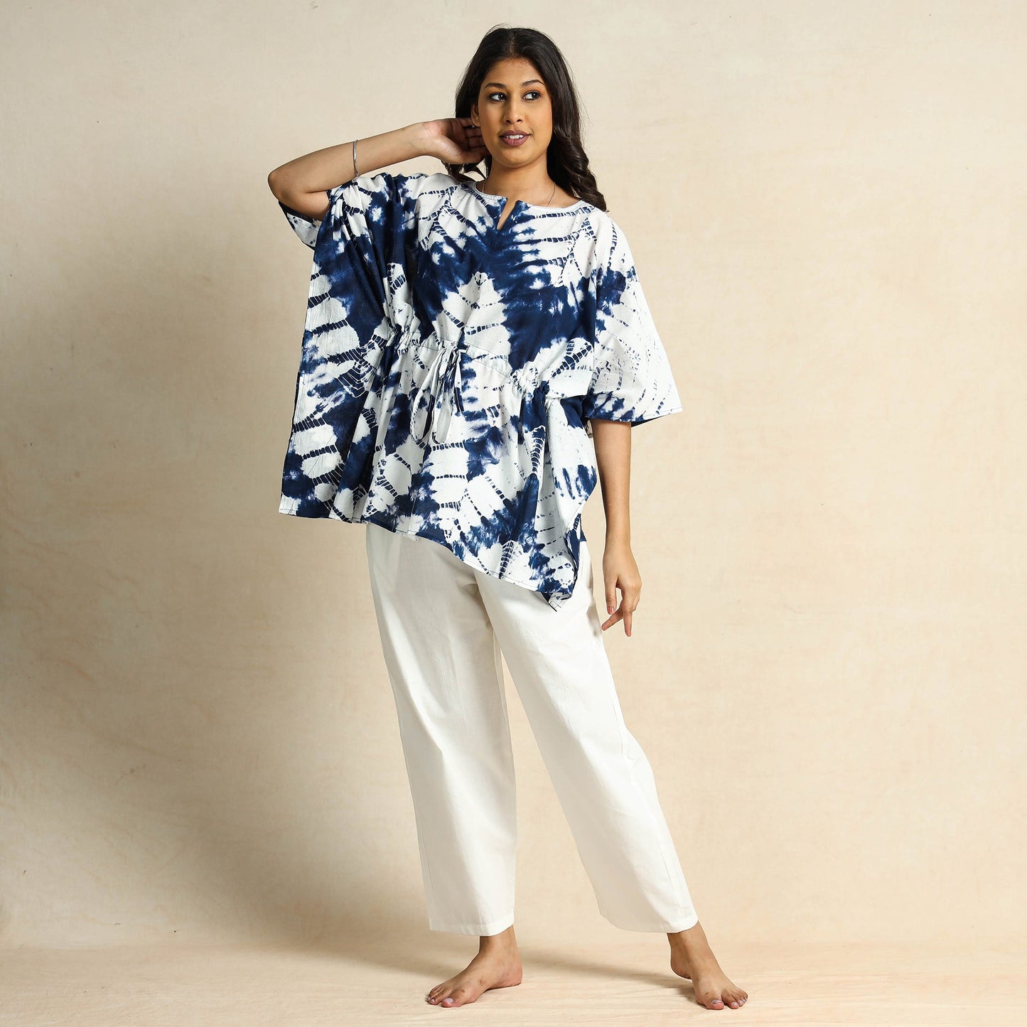 Blue Hand Block Print Kaftan & Pyjama Night Suit Set