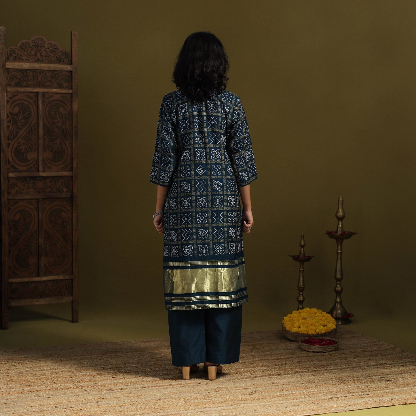 Blue - silk bandhani kurta set with lagdi patta (set of 2)