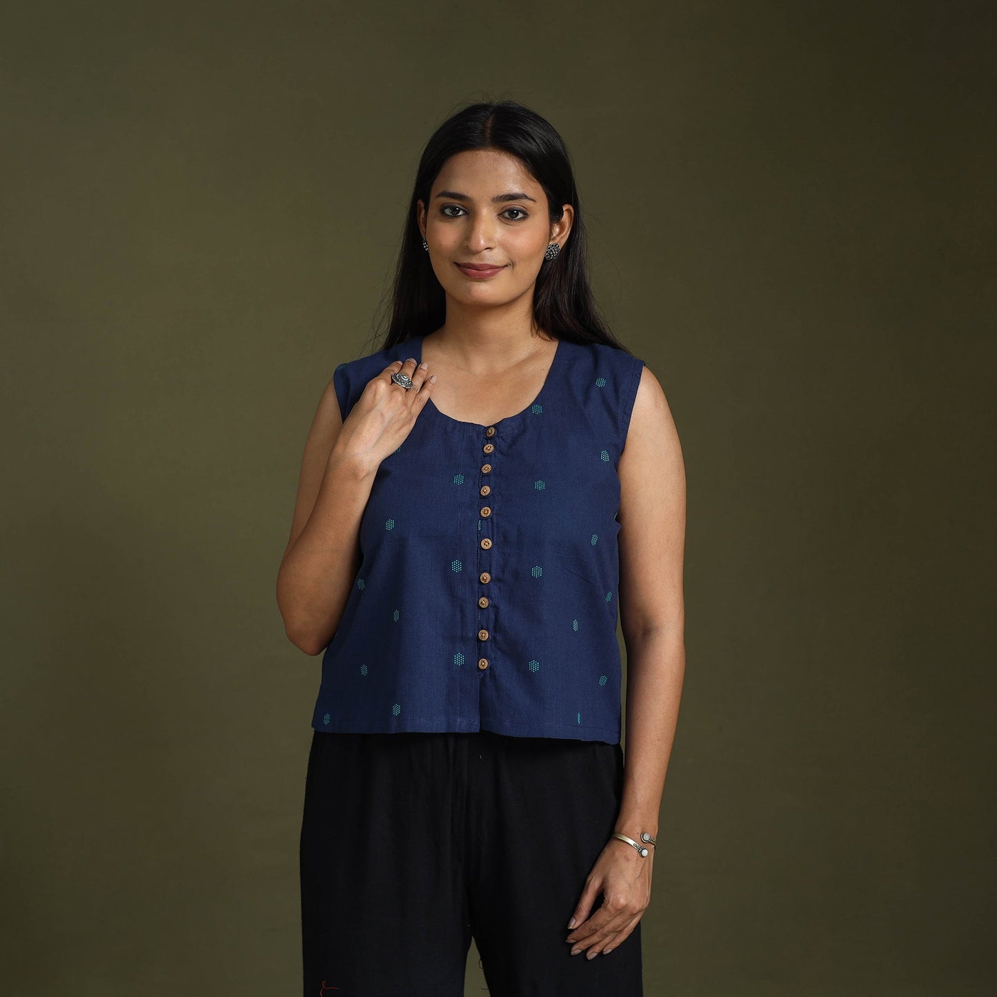 Blue Sleeveless Cotton Jacquard Crop Top