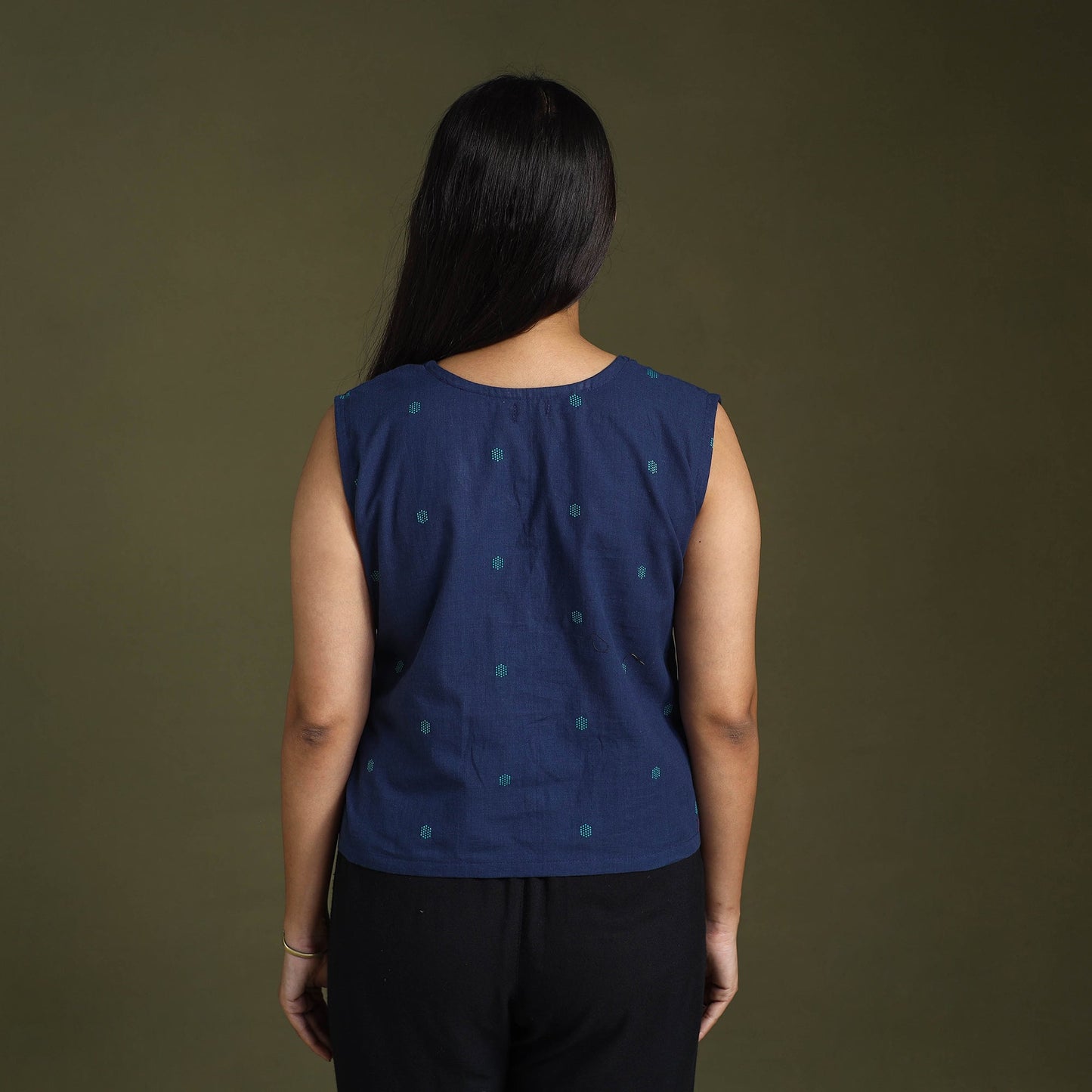 Blue Sleeveless Cotton Jacquard Crop Top
