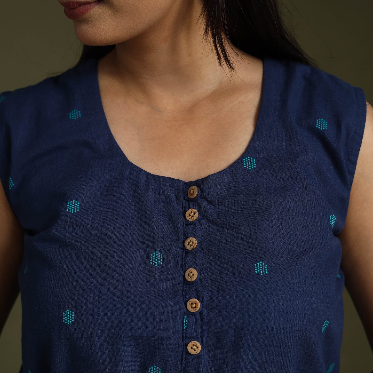 Blue Sleeveless Cotton Jacquard Crop Top
