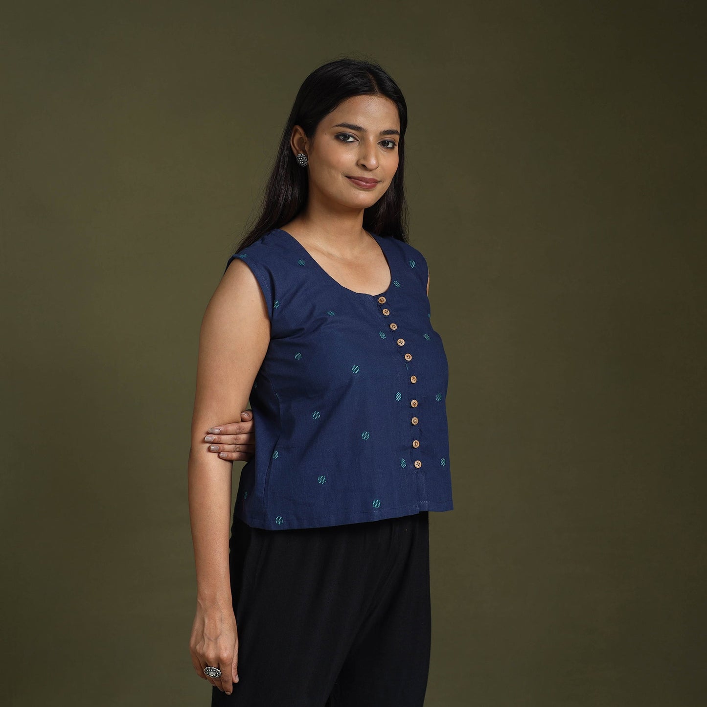 Blue Sleeveless Cotton Jacquard Crop Top