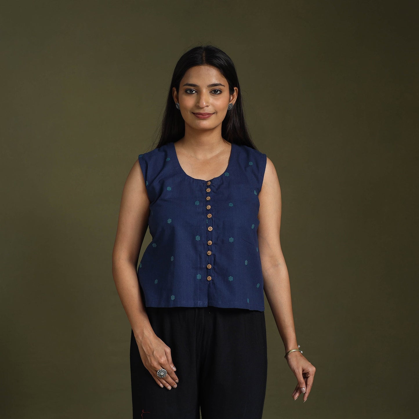 Blue Sleeveless Cotton Jacquard Crop Top