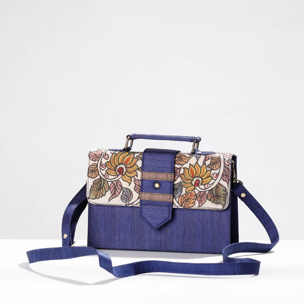 Blue Sling Bag - Handpainted Kalamkari Natural Dyed Ghicha Silk