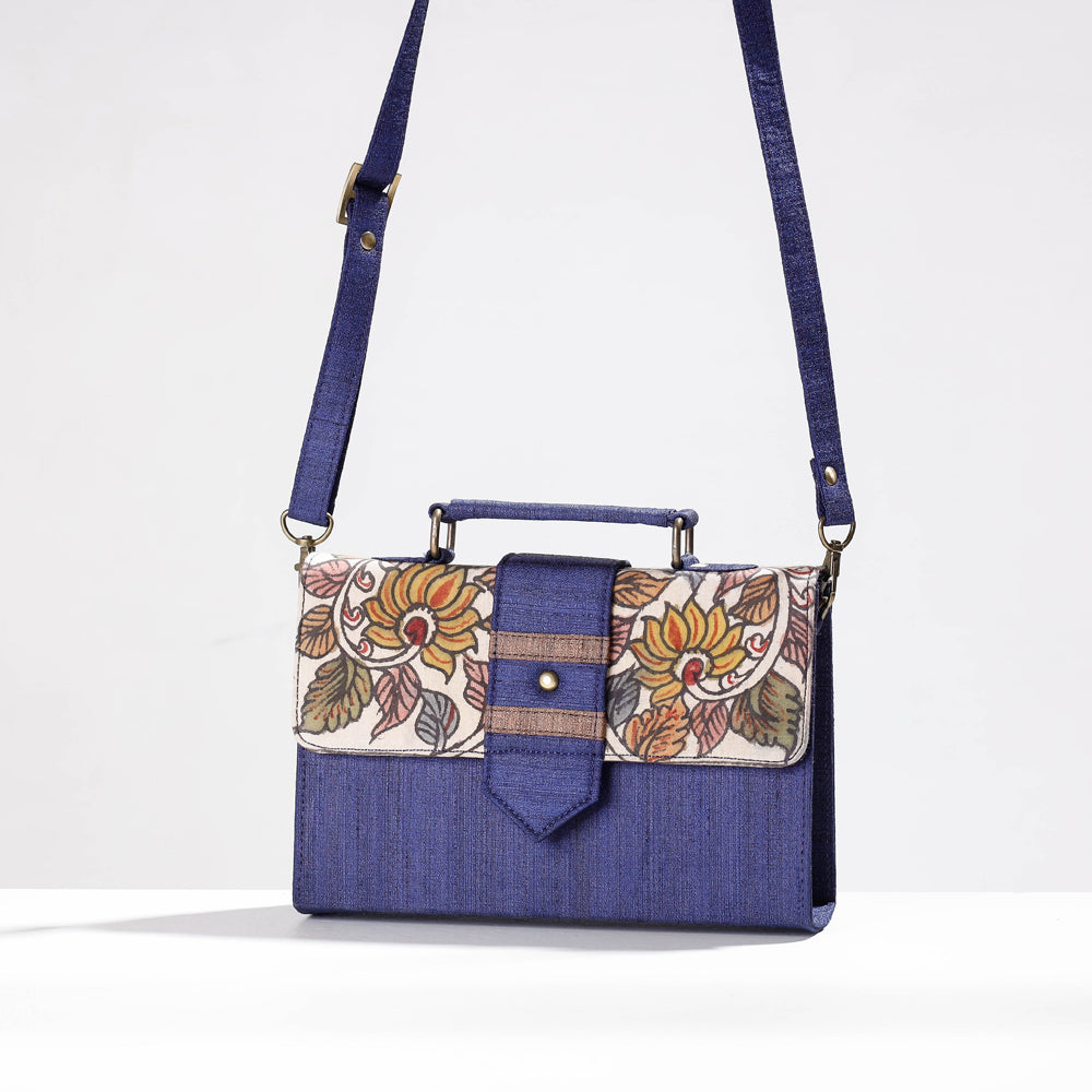 Blue Sling Bag - Handpainted Kalamkari Natural Dyed Ghicha Silk