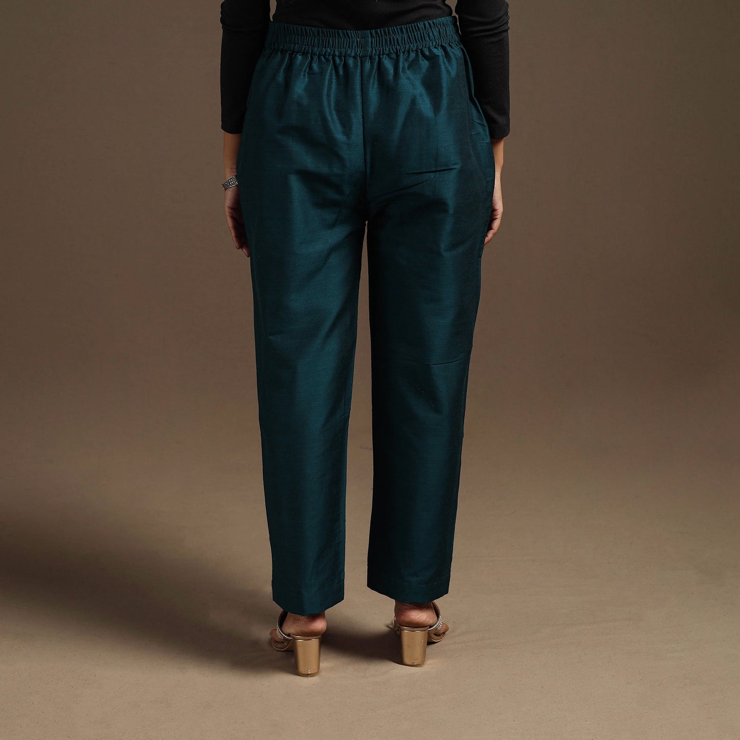 Blue - slub silk elasticated plain pant 05 - handcrafted