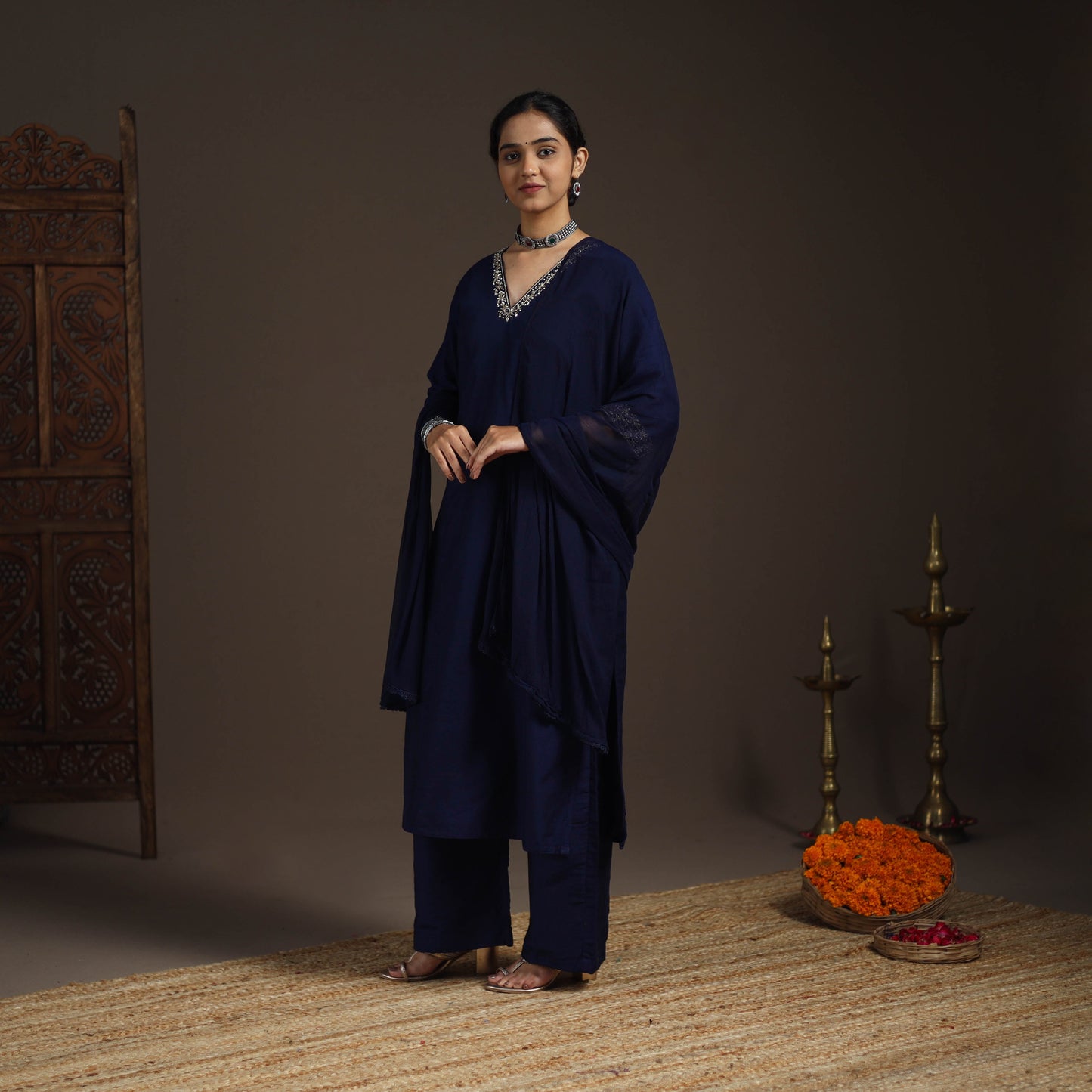 Blue - slub silk embroidered plain kurta set (set of 3) 12