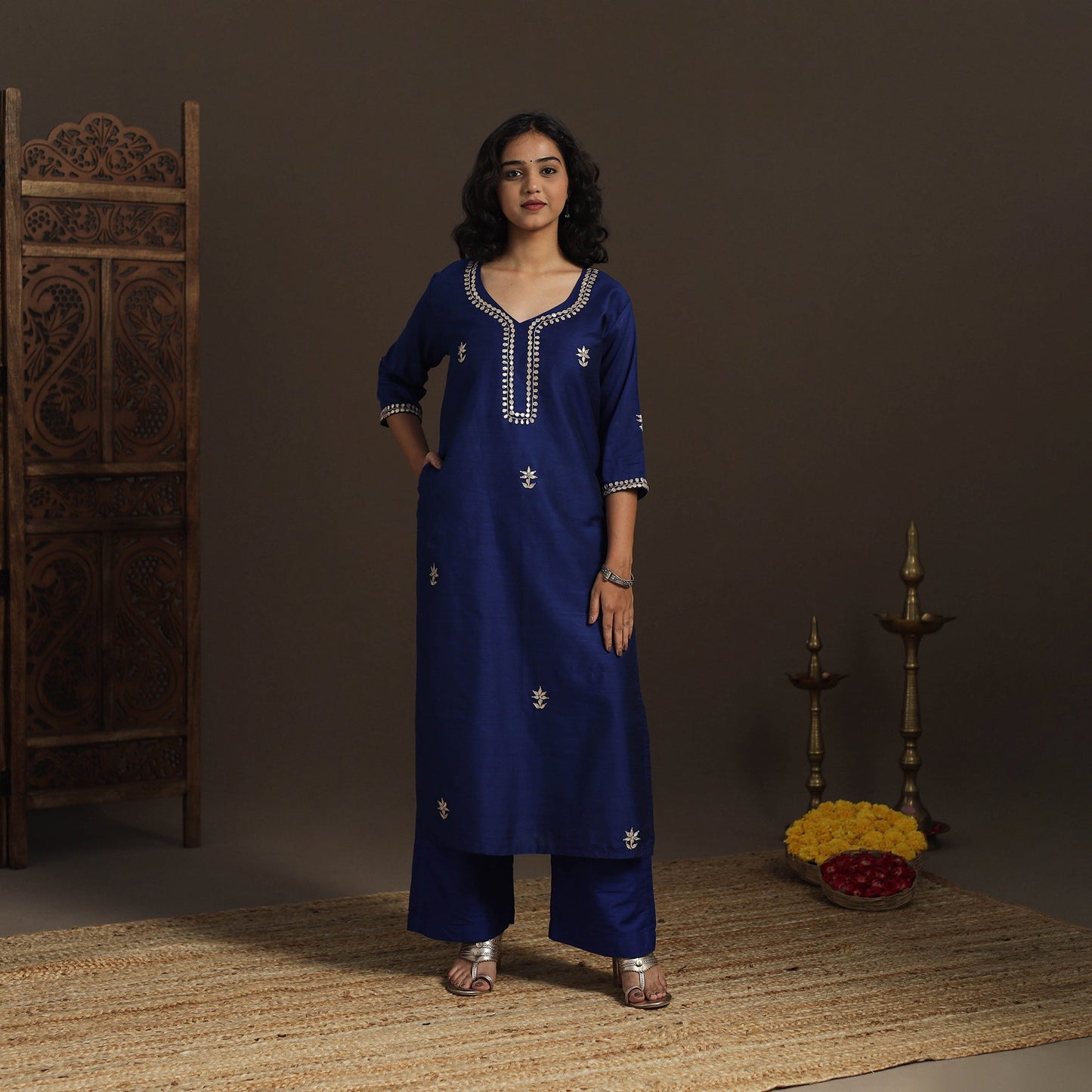 Blue - slub silk gota work straight plain kurta 08