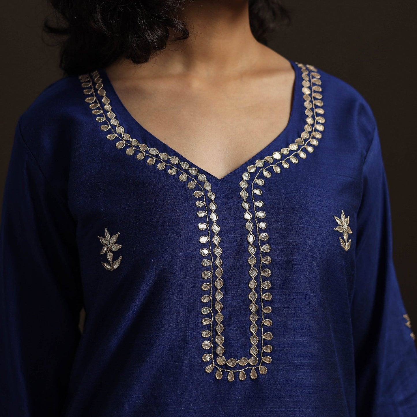 Blue - slub silk gota work straight plain kurta 08