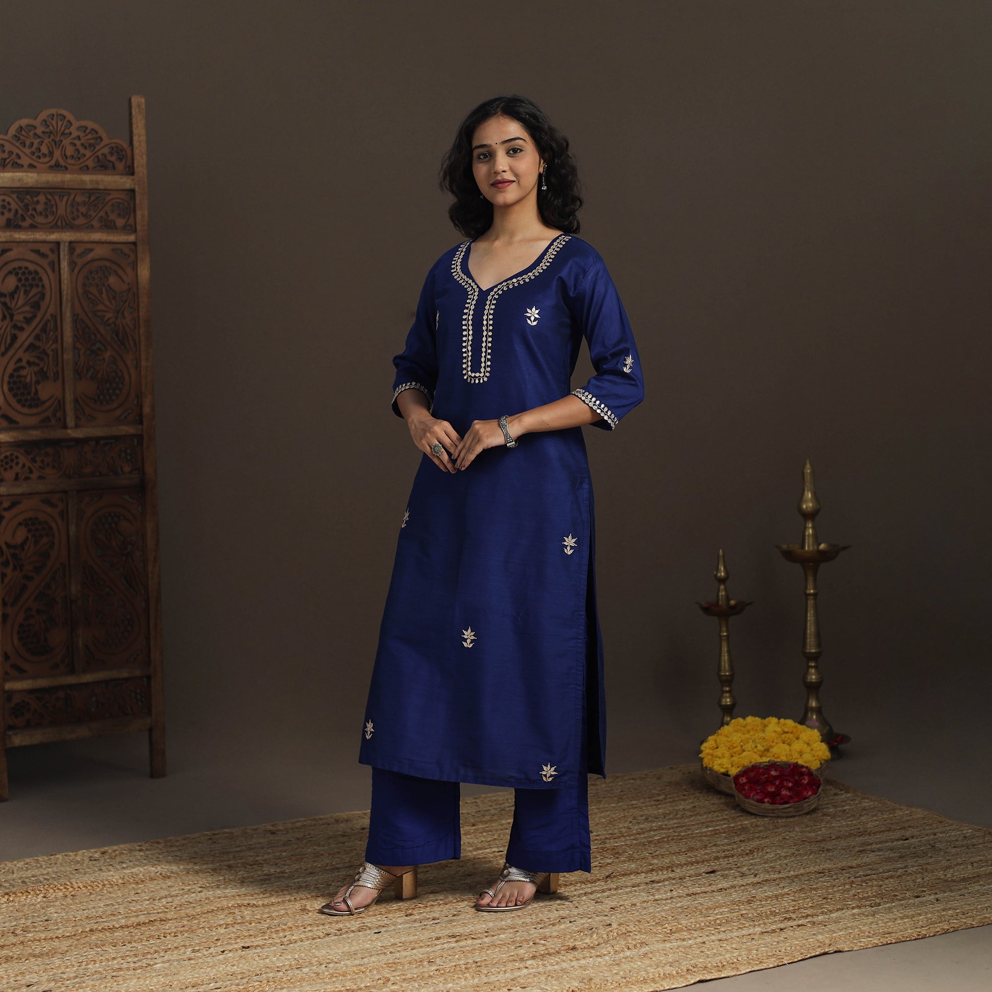 Blue - Slub Silk Gota Work Straight Plain Long Kurta 08