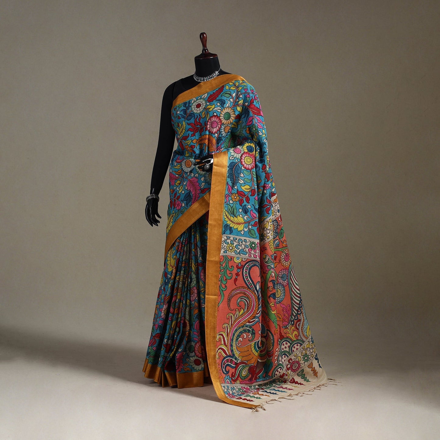 Srikalahasti handpainted natural dyed bangalore silk zari