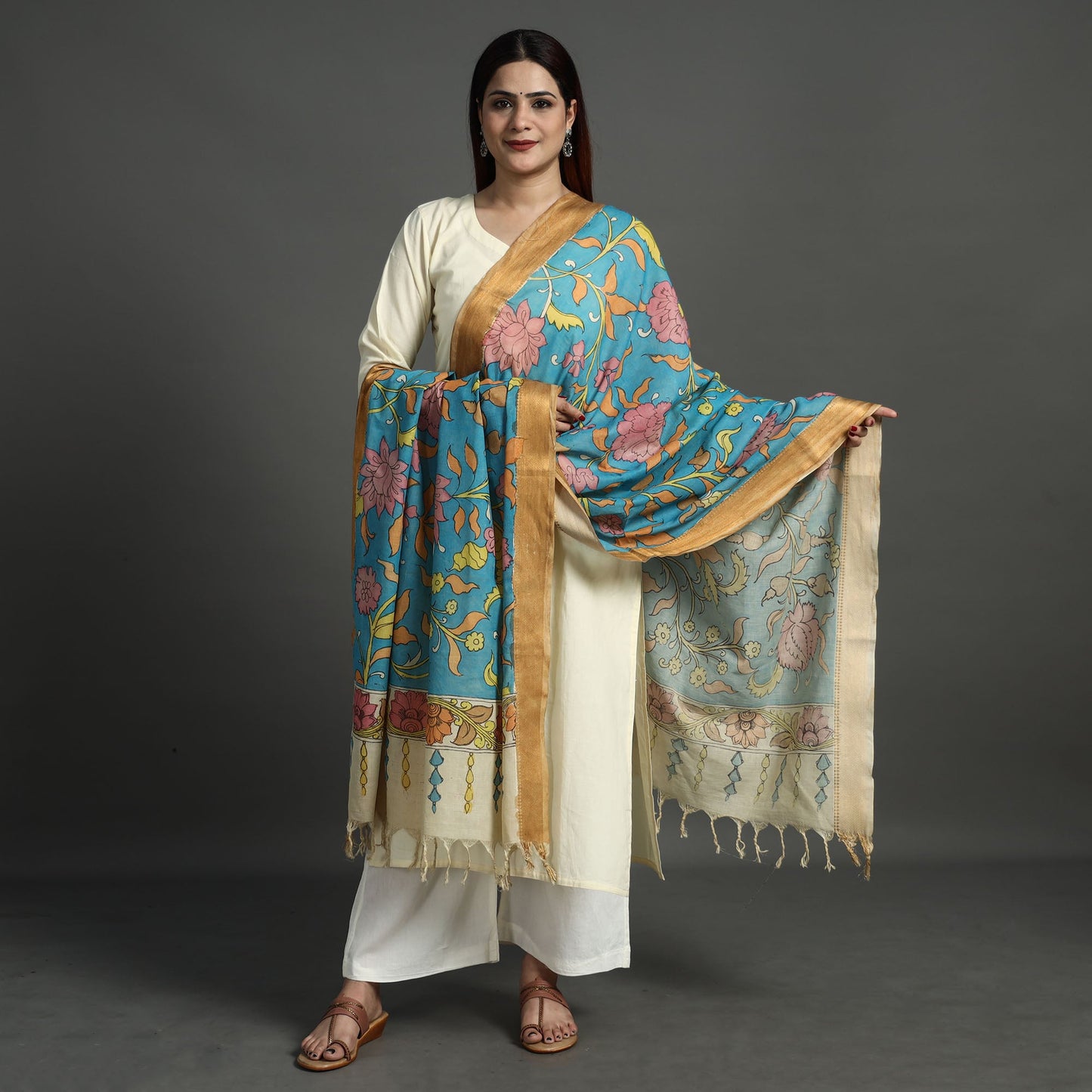 Blue Srikalahasti Pen Work Kalamkari Cotton Handpainted Dupatta