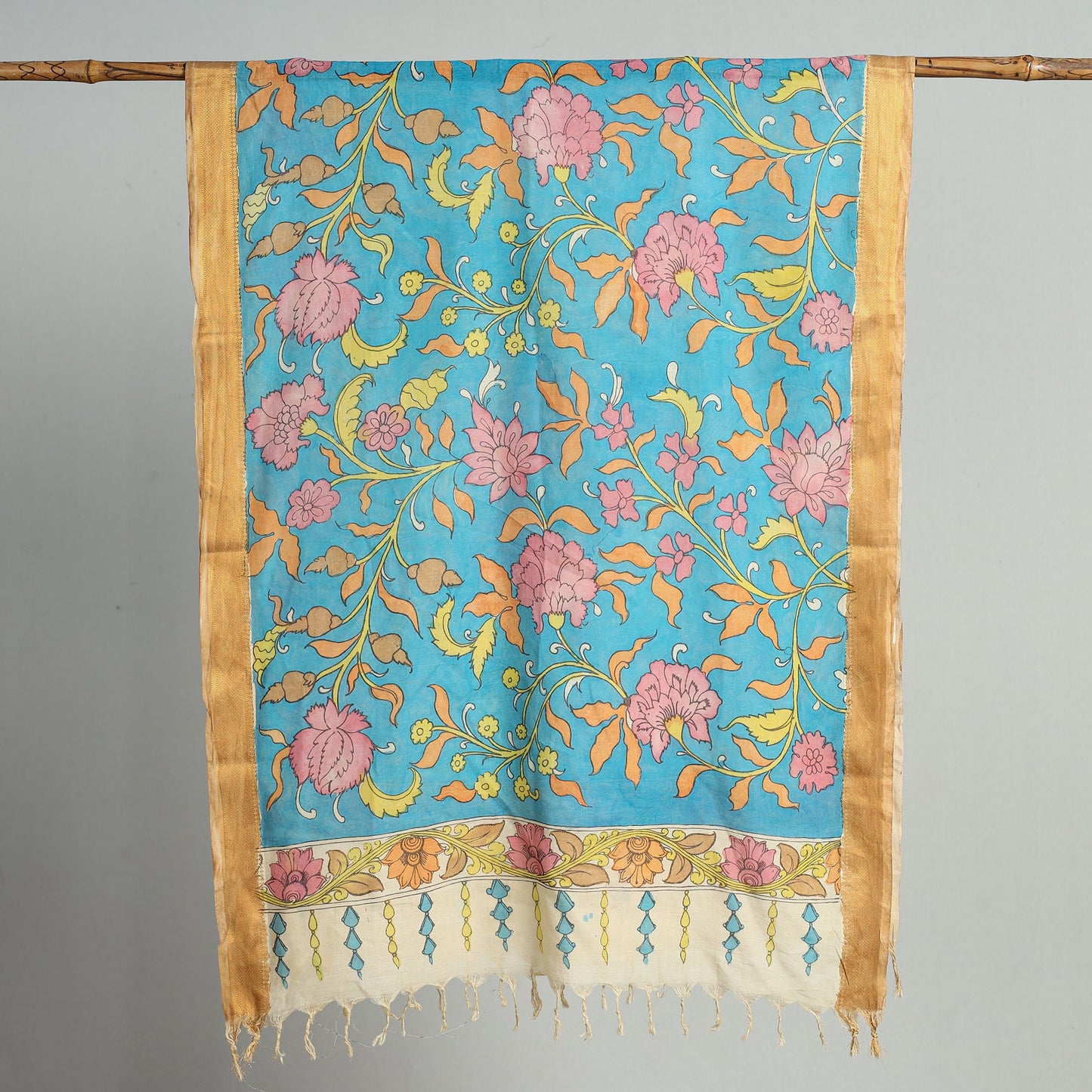 Blue Srikalahasti Pen Work Kalamkari Cotton Handpainted Dupatta