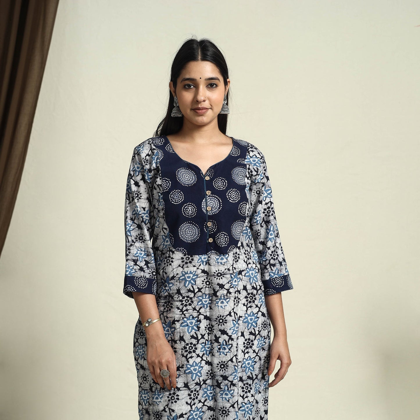 Blue Straight Batik Print Cotton Kurta for Women