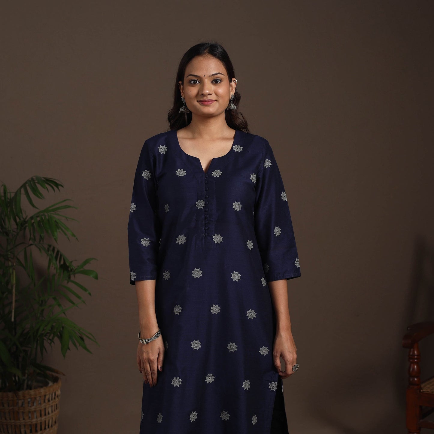 Blue - straight buti work spun dupion silk plain kurta set