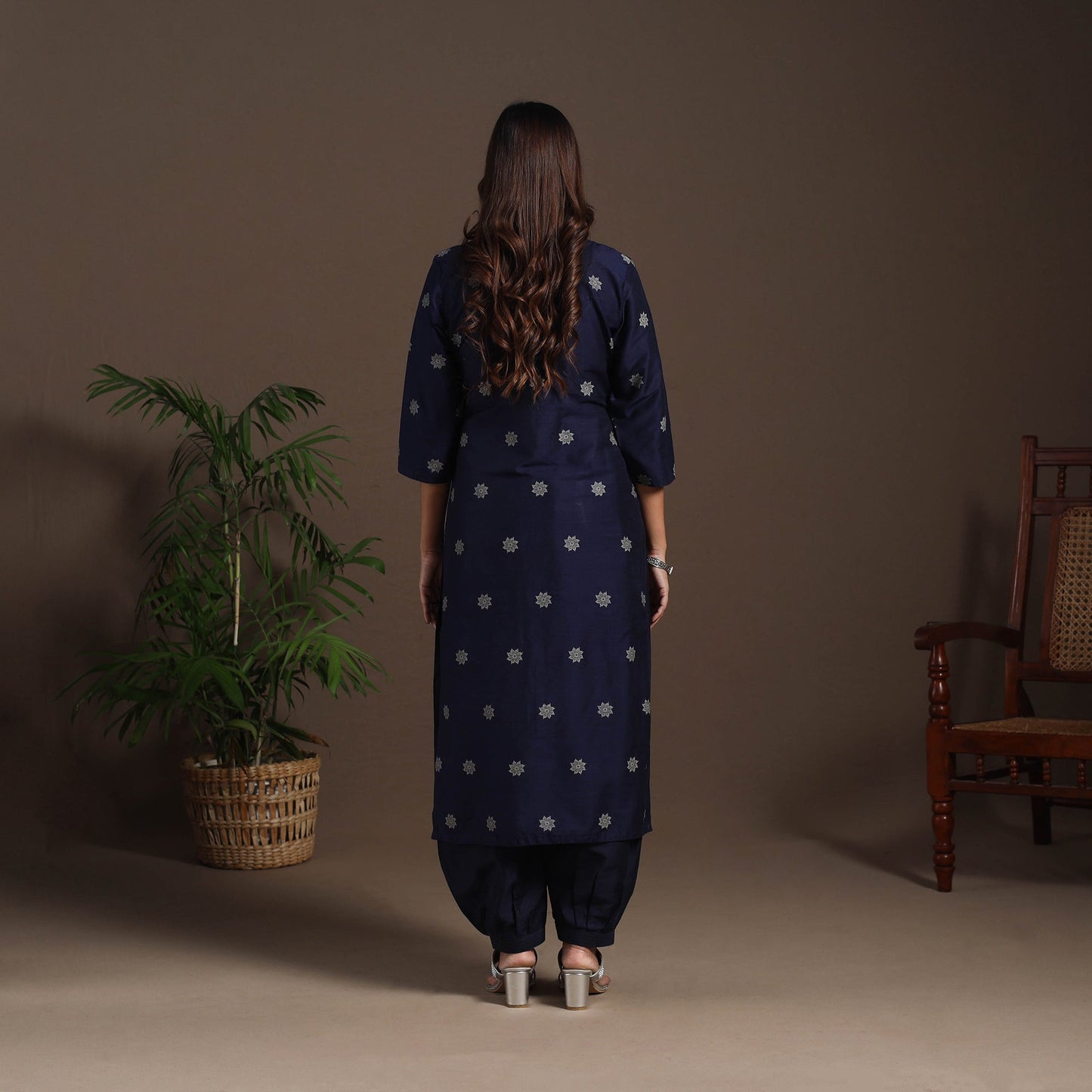 Blue - straight buti work spun dupion silk plain kurta set