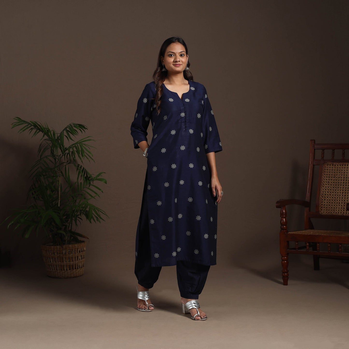 Blue - straight buti work spun dupion silk plain kurta set