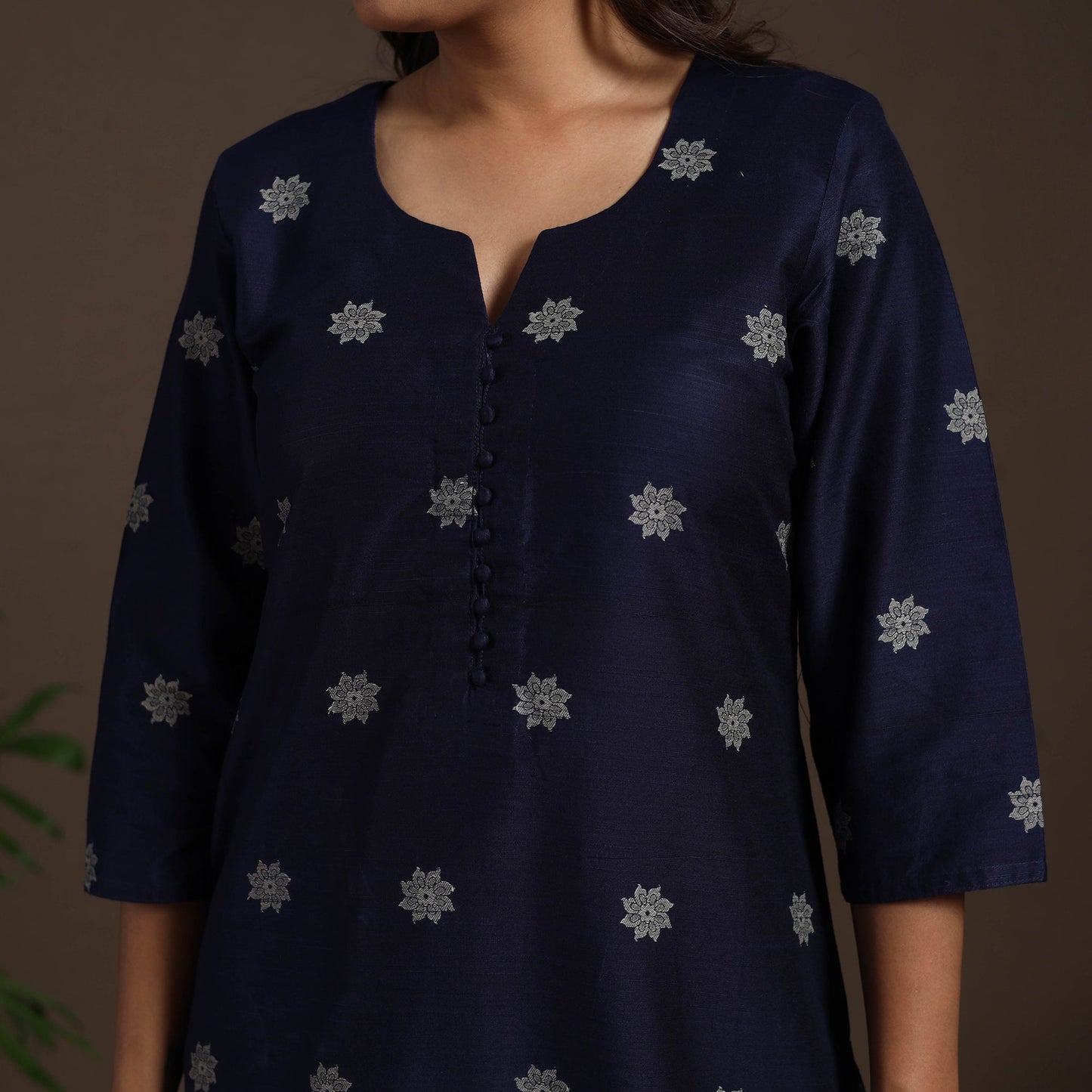 Blue - straight buti work spun dupion silk plain kurta set