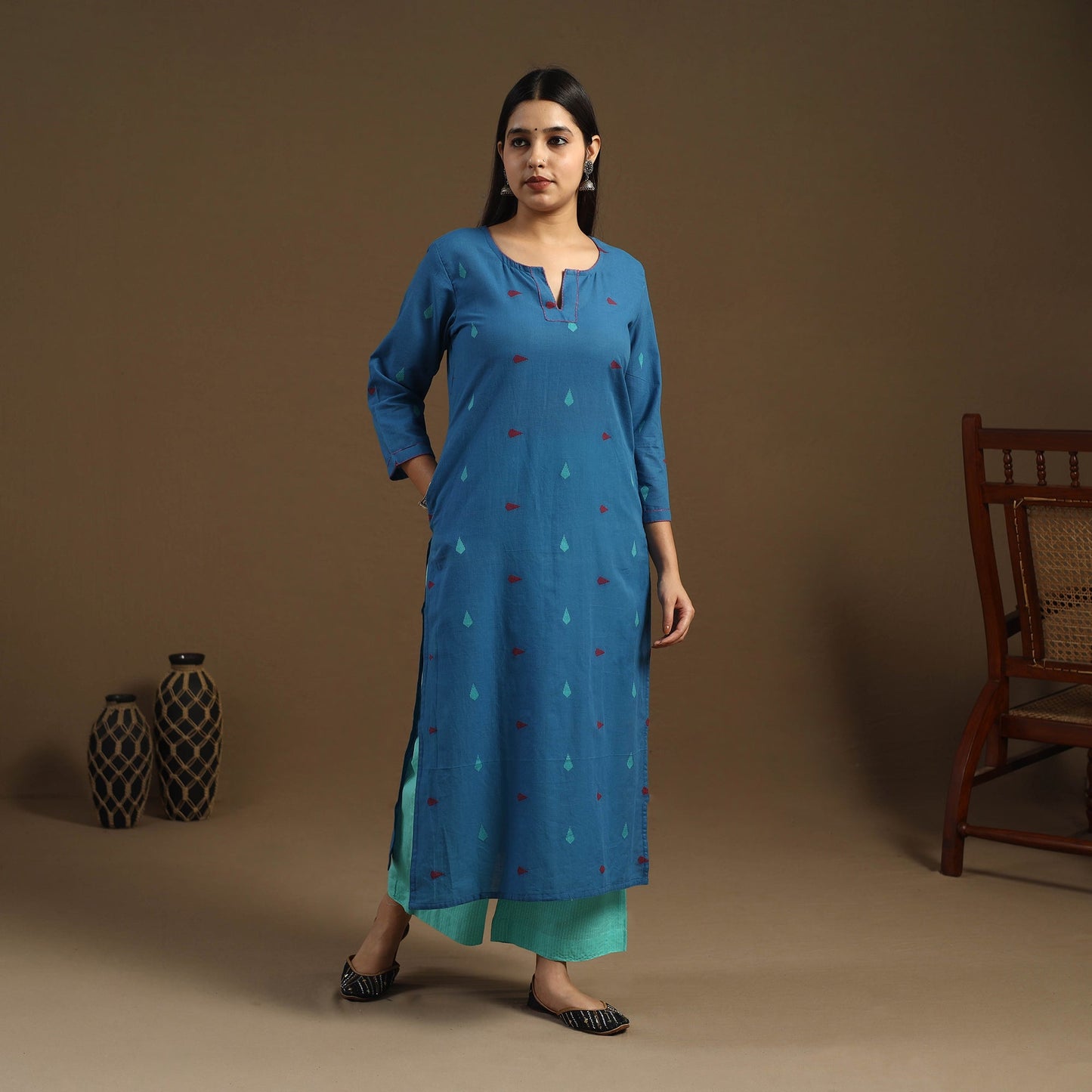 Blue Straight Cotton Jacquard Kurta for Women