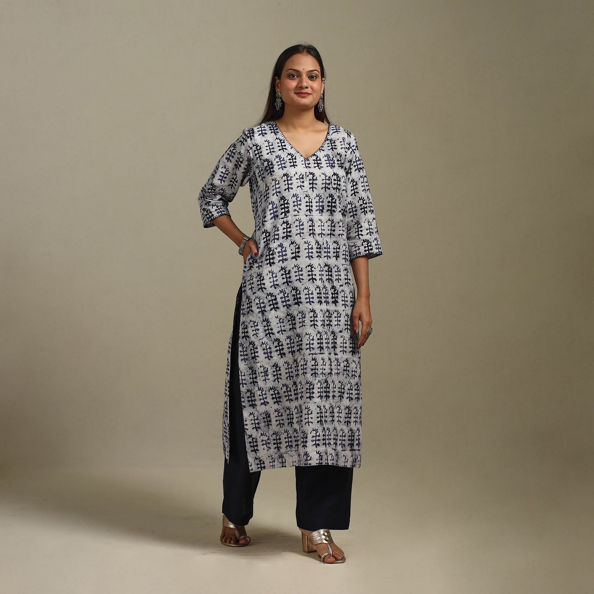 Blue - Straight Embroidered Cotton Hand Block Batik Print Kurta for women 33