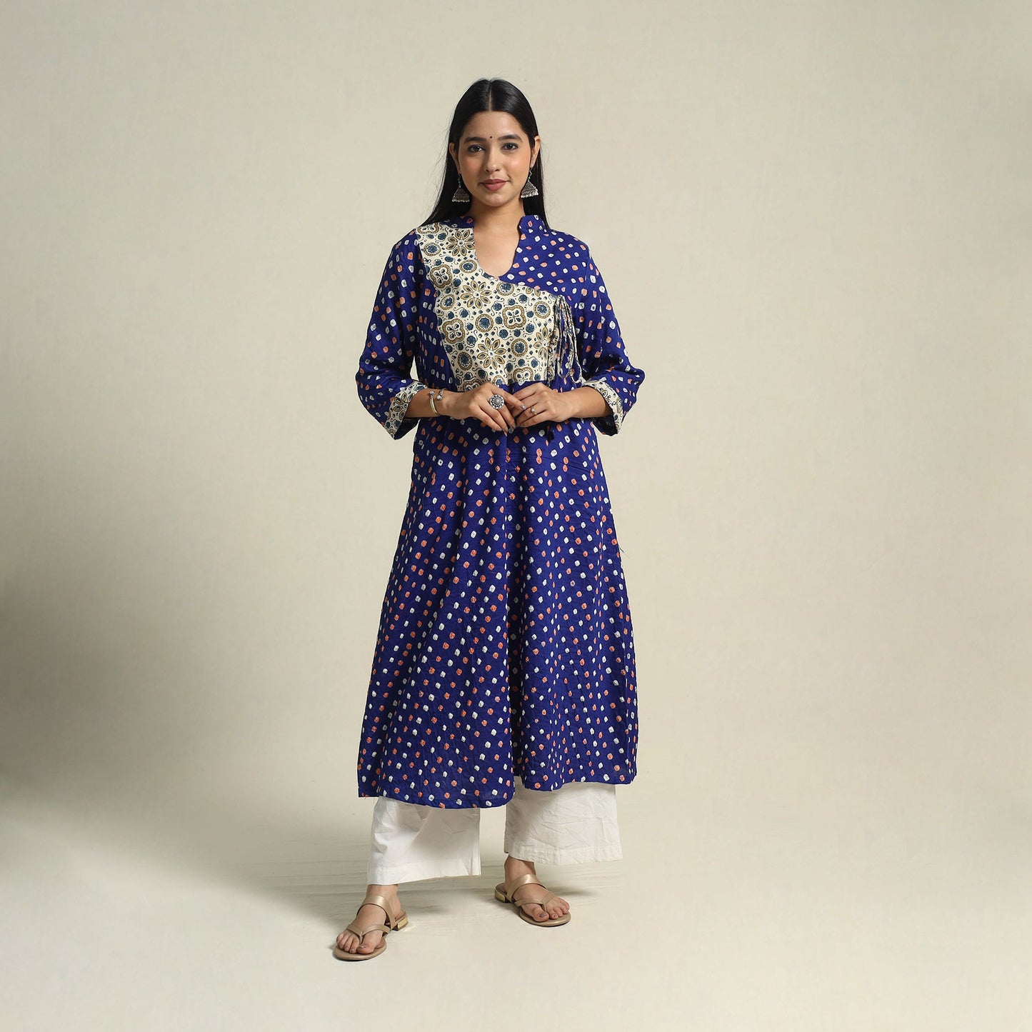 Blue Tie-dye Cotton Patchwork A-Line Bandhani Kurta for Women