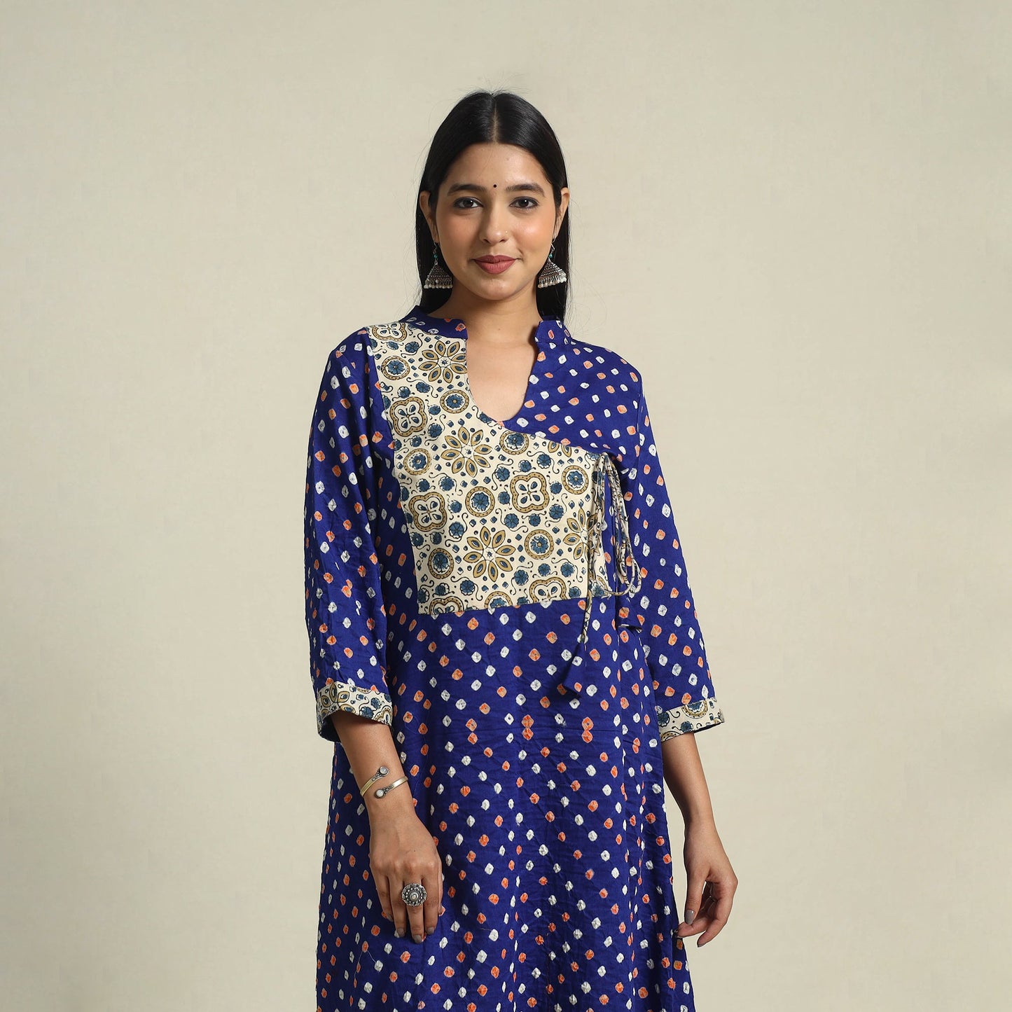 Blue Tie-dye Cotton Patchwork A-Line Bandhani Kurta for Women
