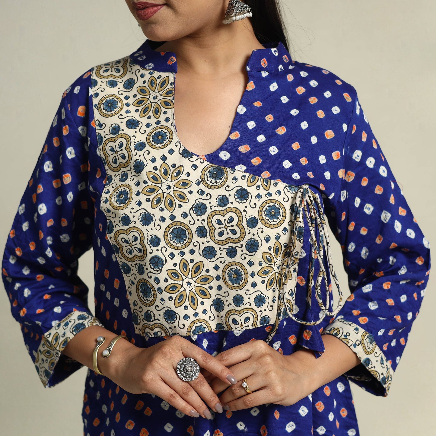 Blue Tie-dye Cotton Patchwork A-Line Bandhani Kurta for Women