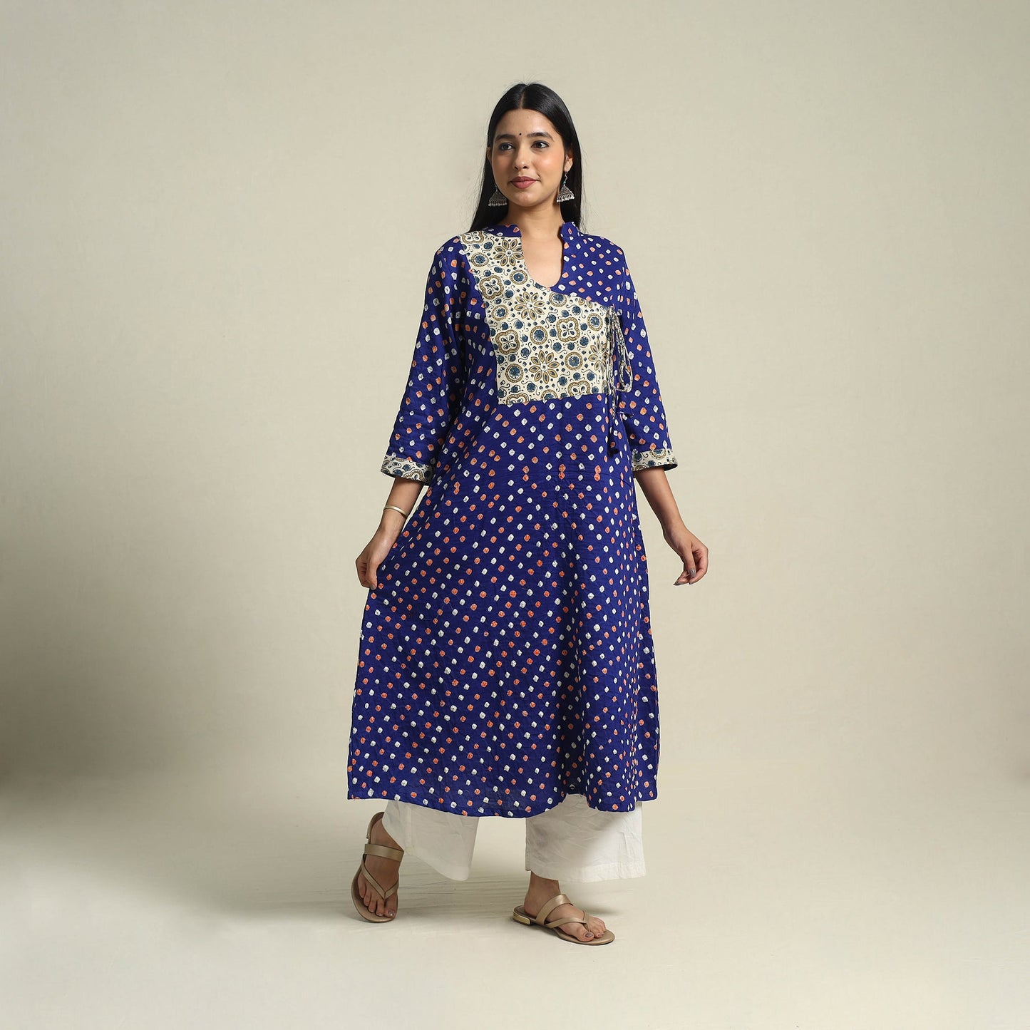 Blue Tie-dye Cotton Patchwork A-Line Bandhani Kurta for Women