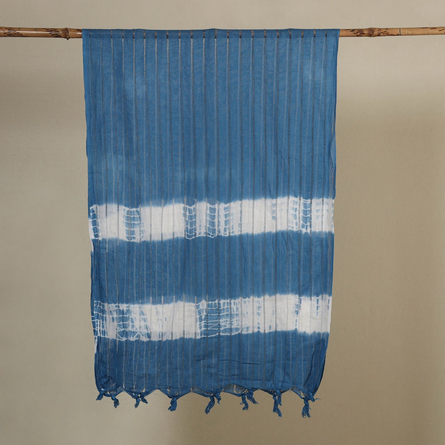 Blue Tie-Dye Cotton Shibori Stole with Tassels