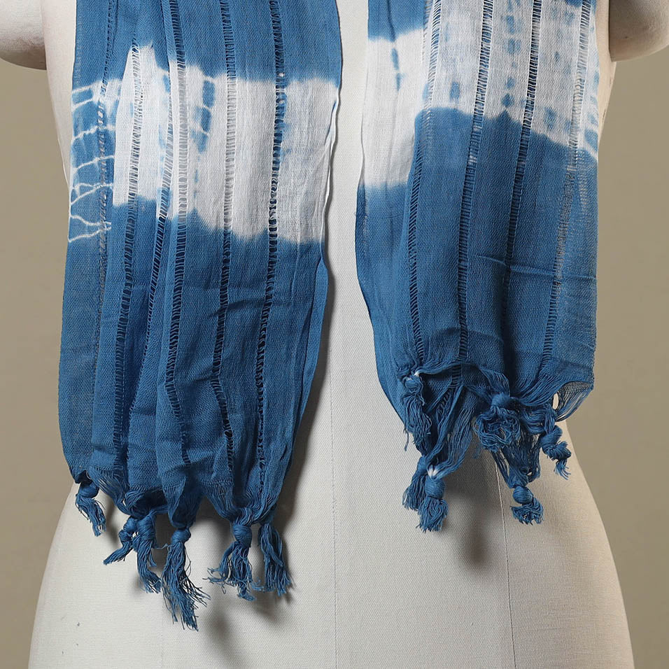 Blue Tie-Dye Cotton Shibori Stole with Tassels