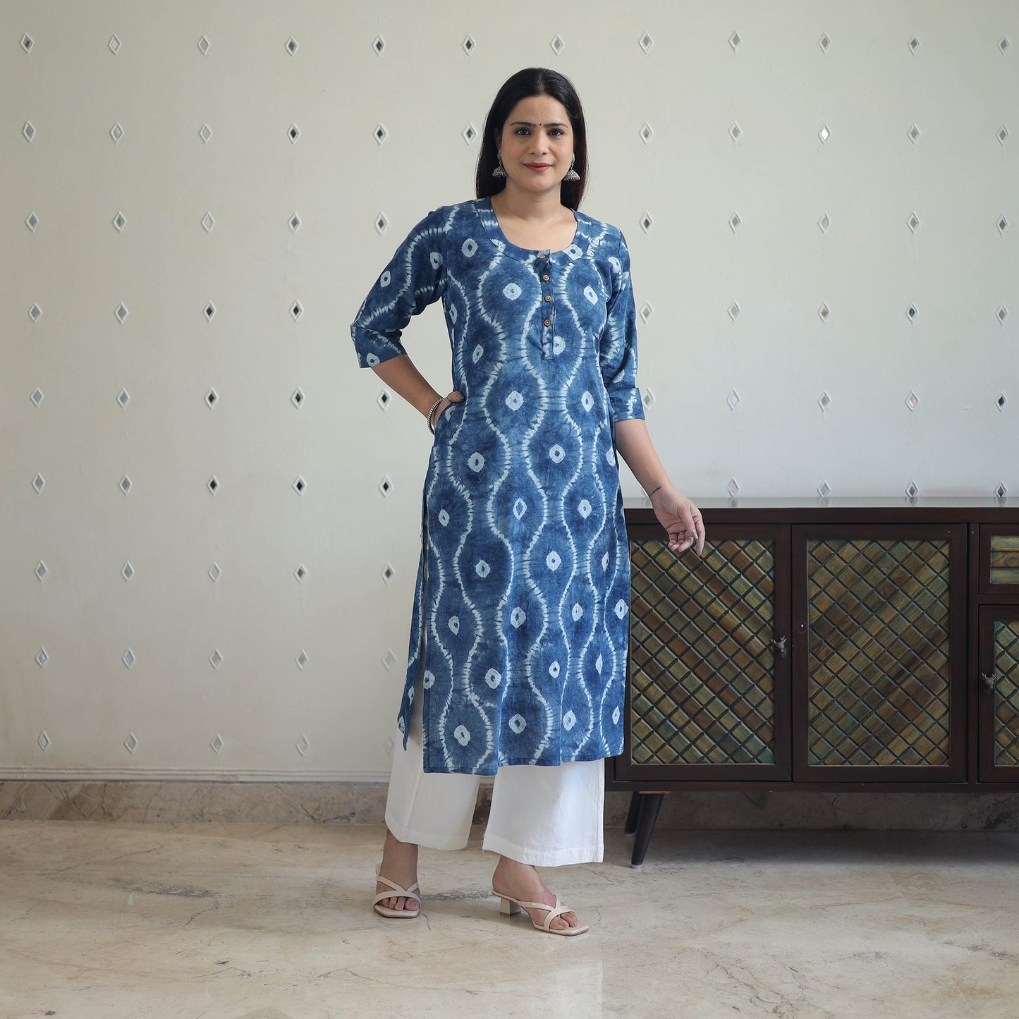Blue Tie & Dye Cotton Straight Shibori Kurta for Women