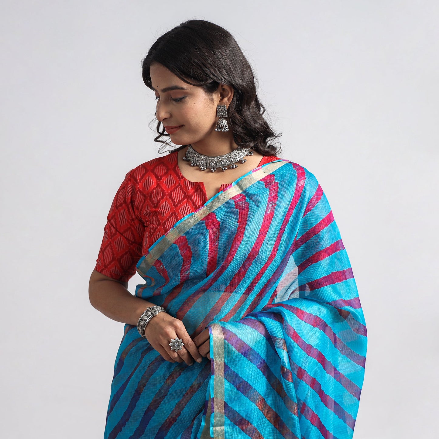 Leheriya Tie-Dye Kota Doria Silk Saree with Zari Border Online