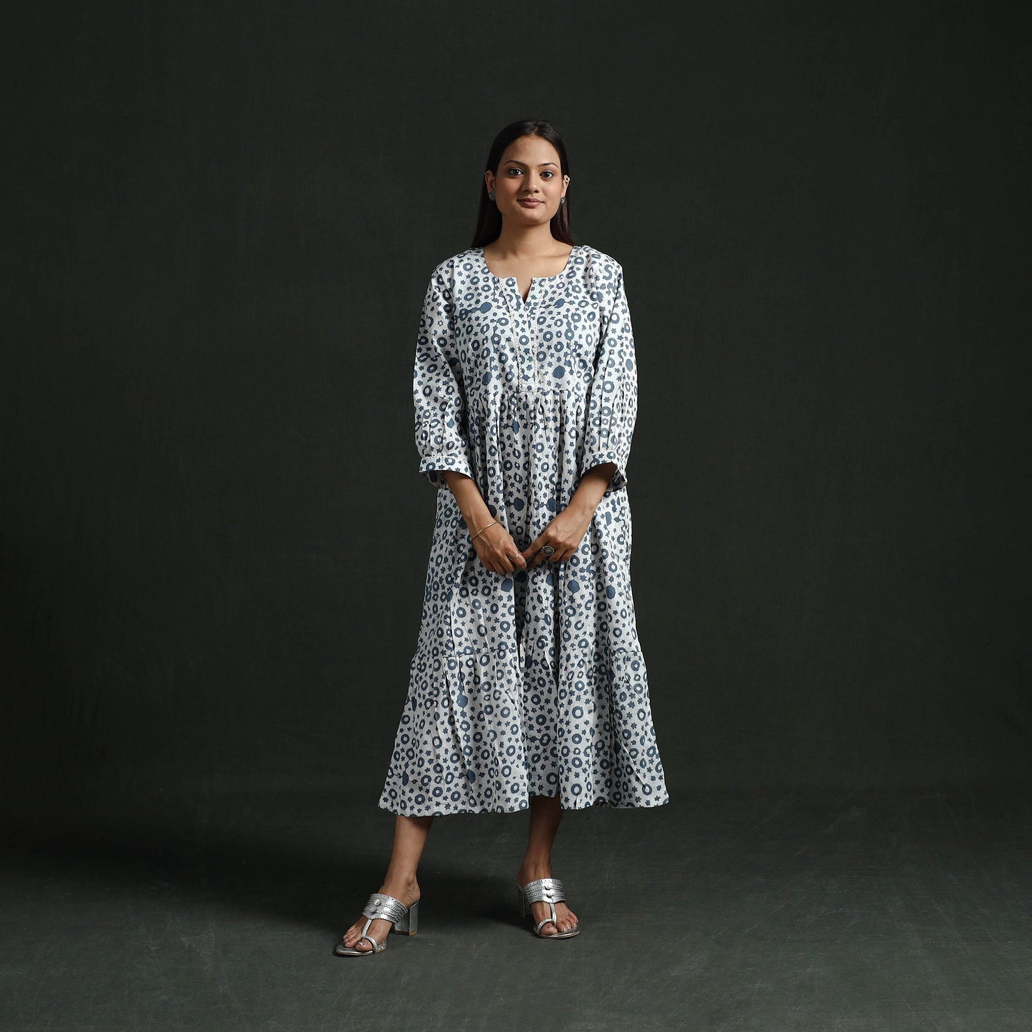 Tiered flared lace work cotton hand block batik print dress